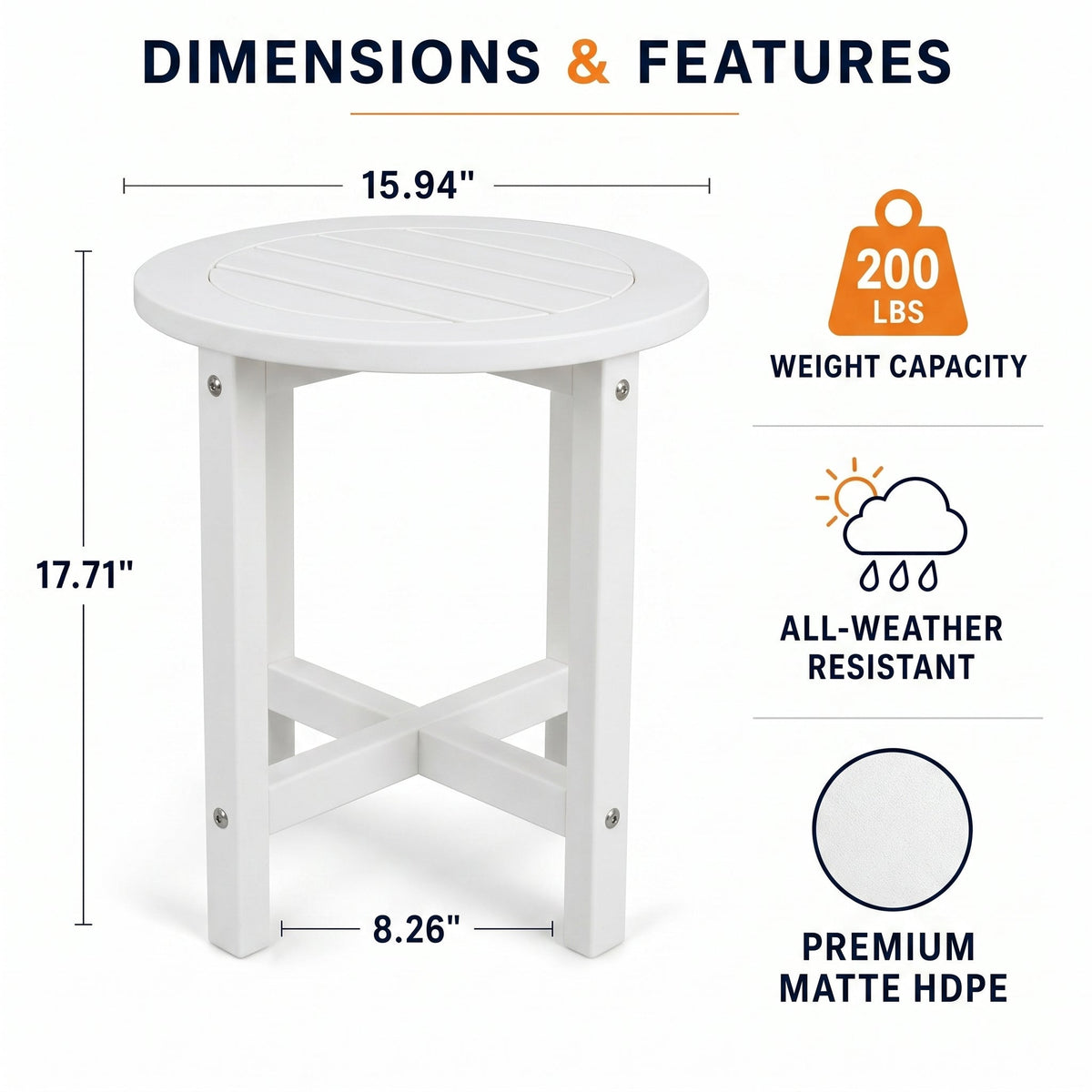 White HDPE Outdoor Side Table - 16 in. Round All-Weather Patio End Table