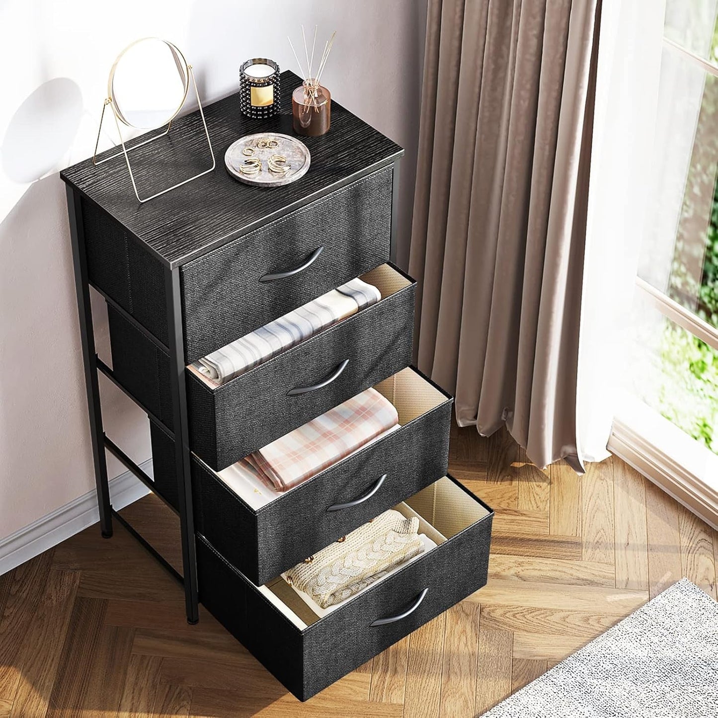 Black Compact Dresser Featuring SteelFrame And WoodenTop