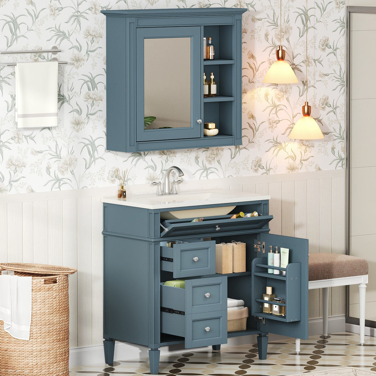 30'' Bathroom Vanity with Top Sink and Mirror Cabinet