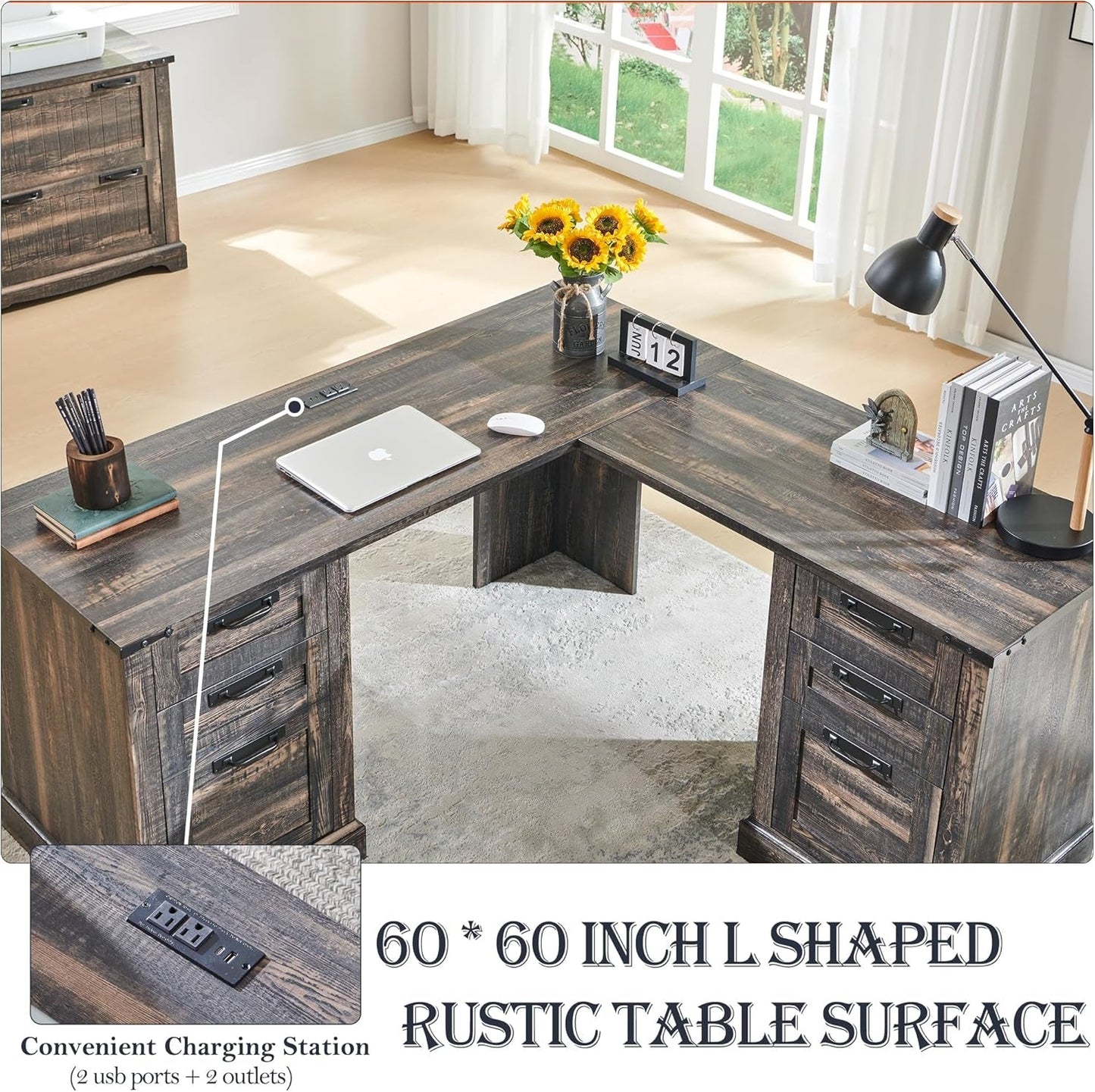 60In Farmhouse L Shaped Desk With Drawers Charging Oak