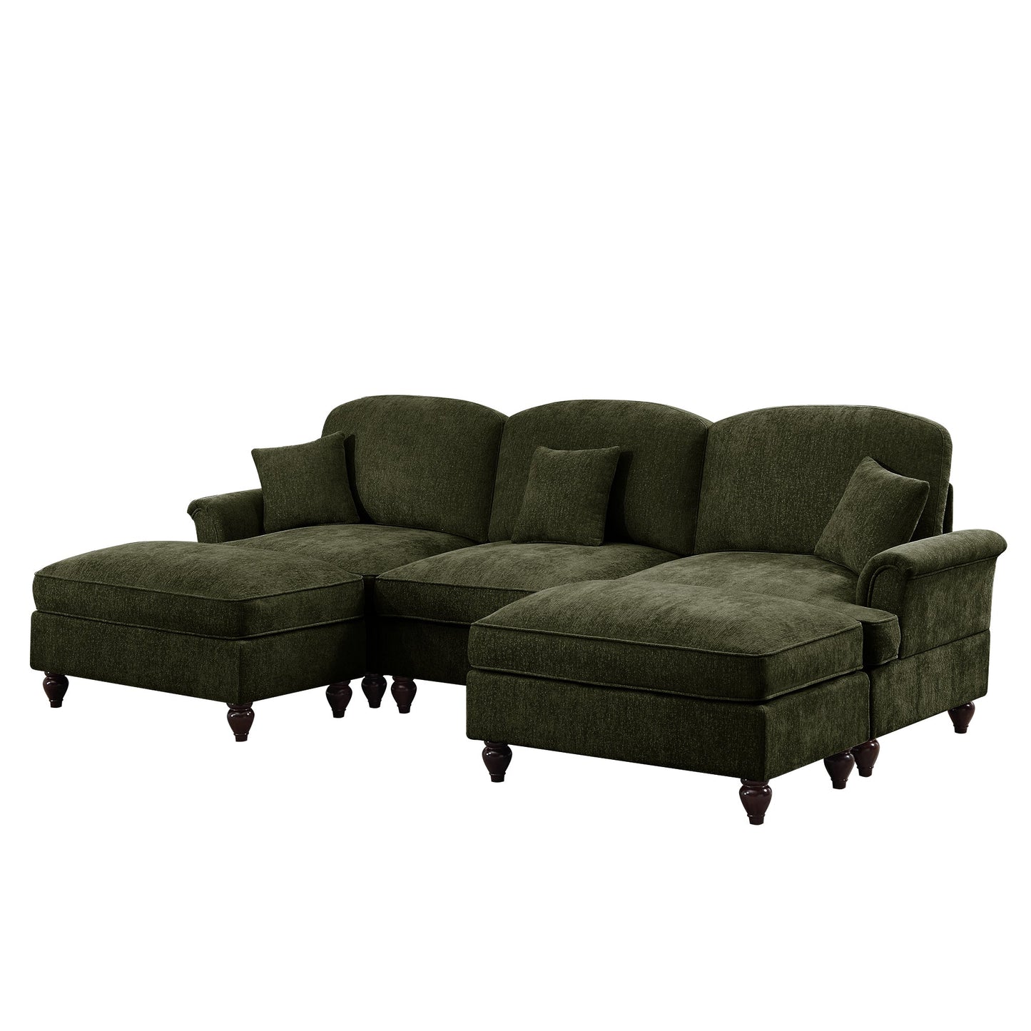 Classic Comfy Modular U Shape Sectional Sofa Couch with Flared Arms and Removable Ruffles Pleats Skirts and Spindle Legs, Upholstered Chenille Deep Seat Cloud Sofa with Movable Ottomans,Green