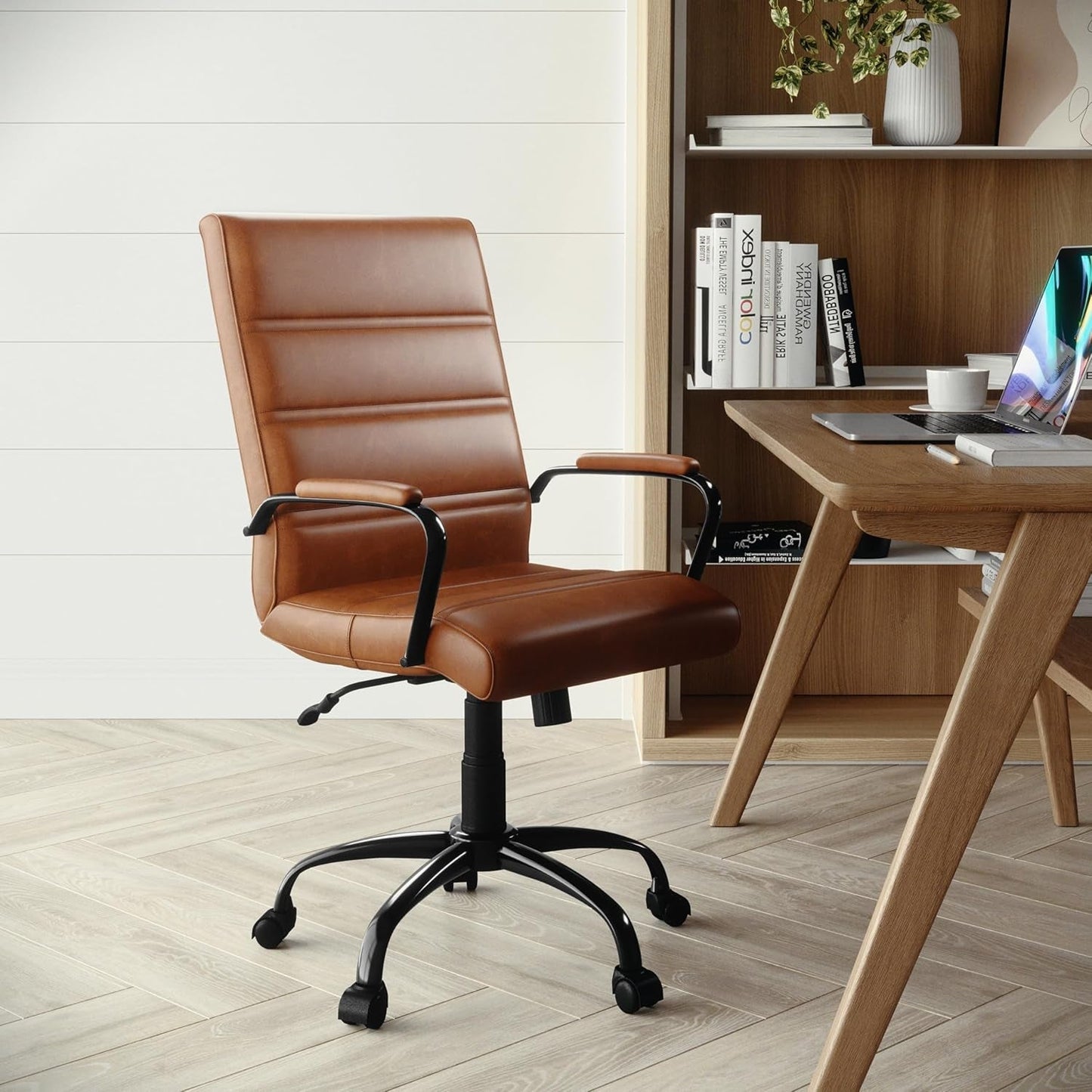 Whitney Mid-Back Leather Desk Chair Brown Black Adjustable Height
