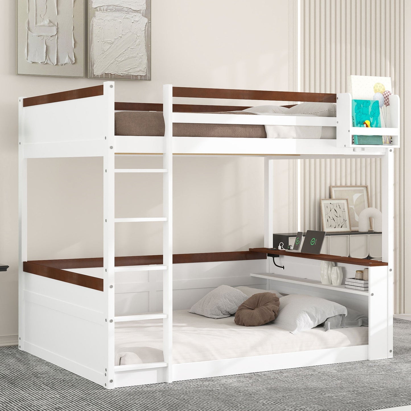Queen Size Wooden Bunk Bed with Built-in Shelves and Storage