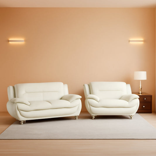 Cream White 2 Piece Faux Leather Sofa Set Living Room