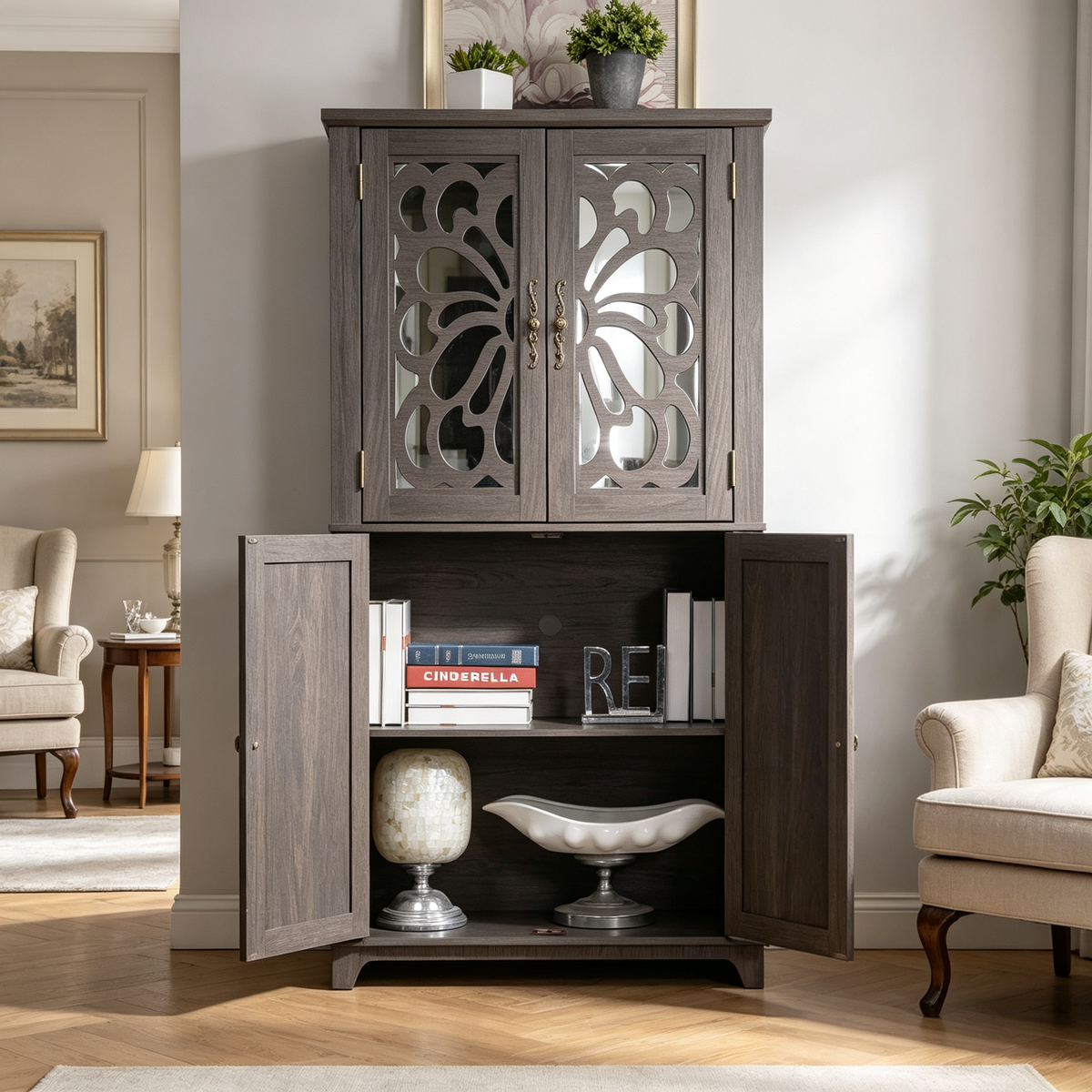Display Sideboard Buffet with 4 Acrylic Mirrored Doors