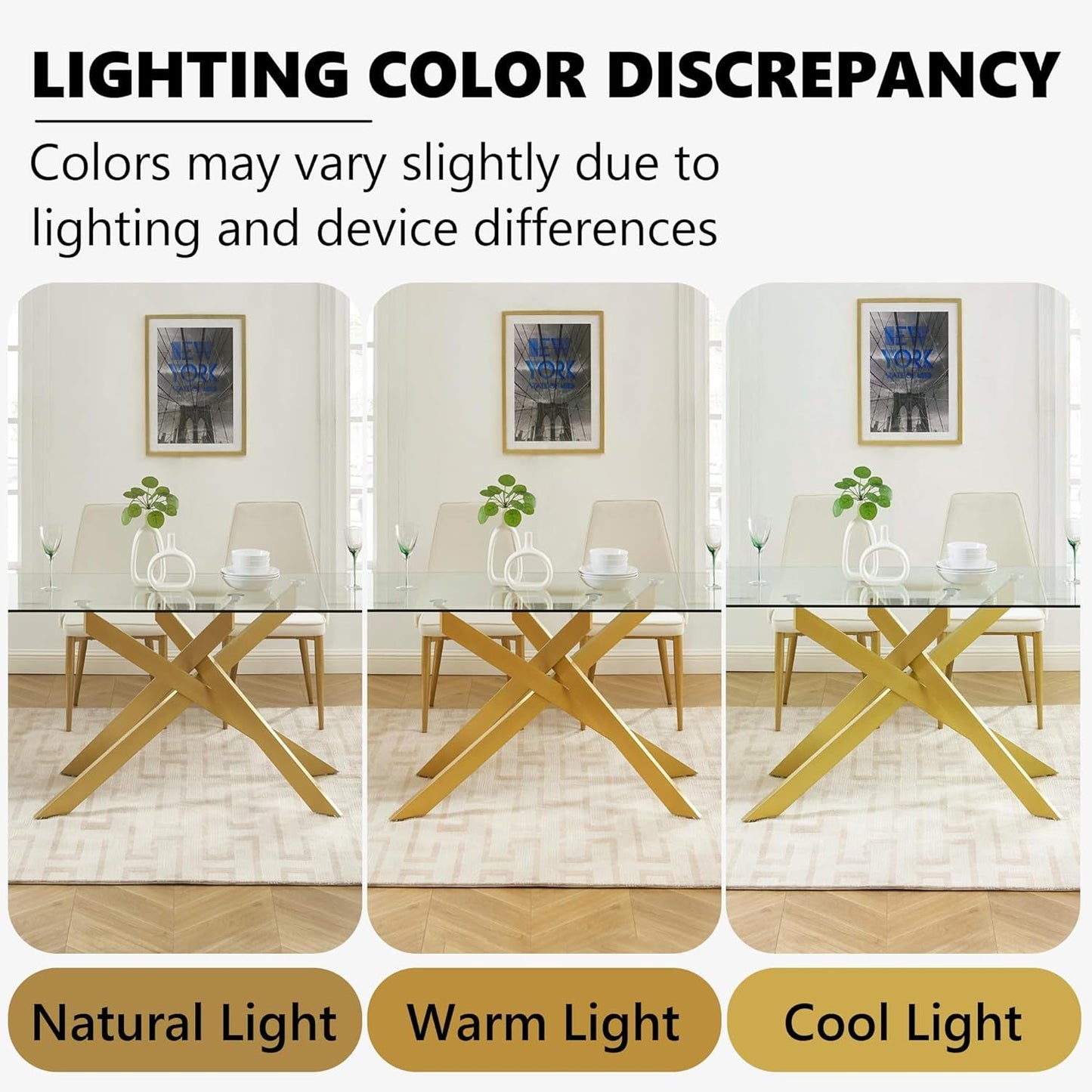 Rectangular Tempered Glass Dining Table Gold Finish