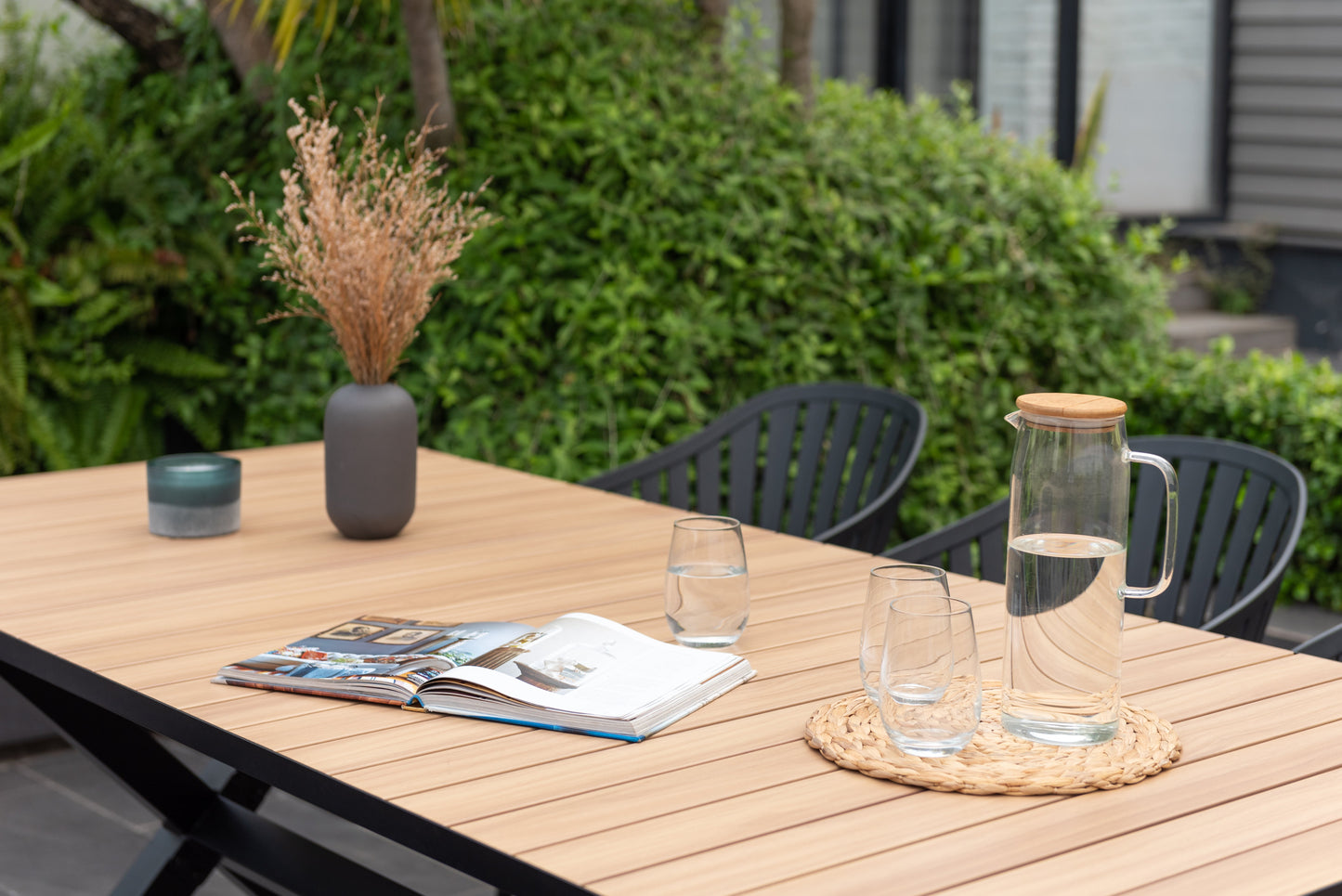 Panama Dark Rectangular Table and 8 Nassau Black Aluminum
