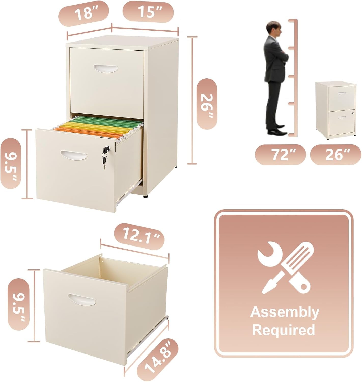 Cream Color 2 Drawer File Cabinet With Lock For Letter Size