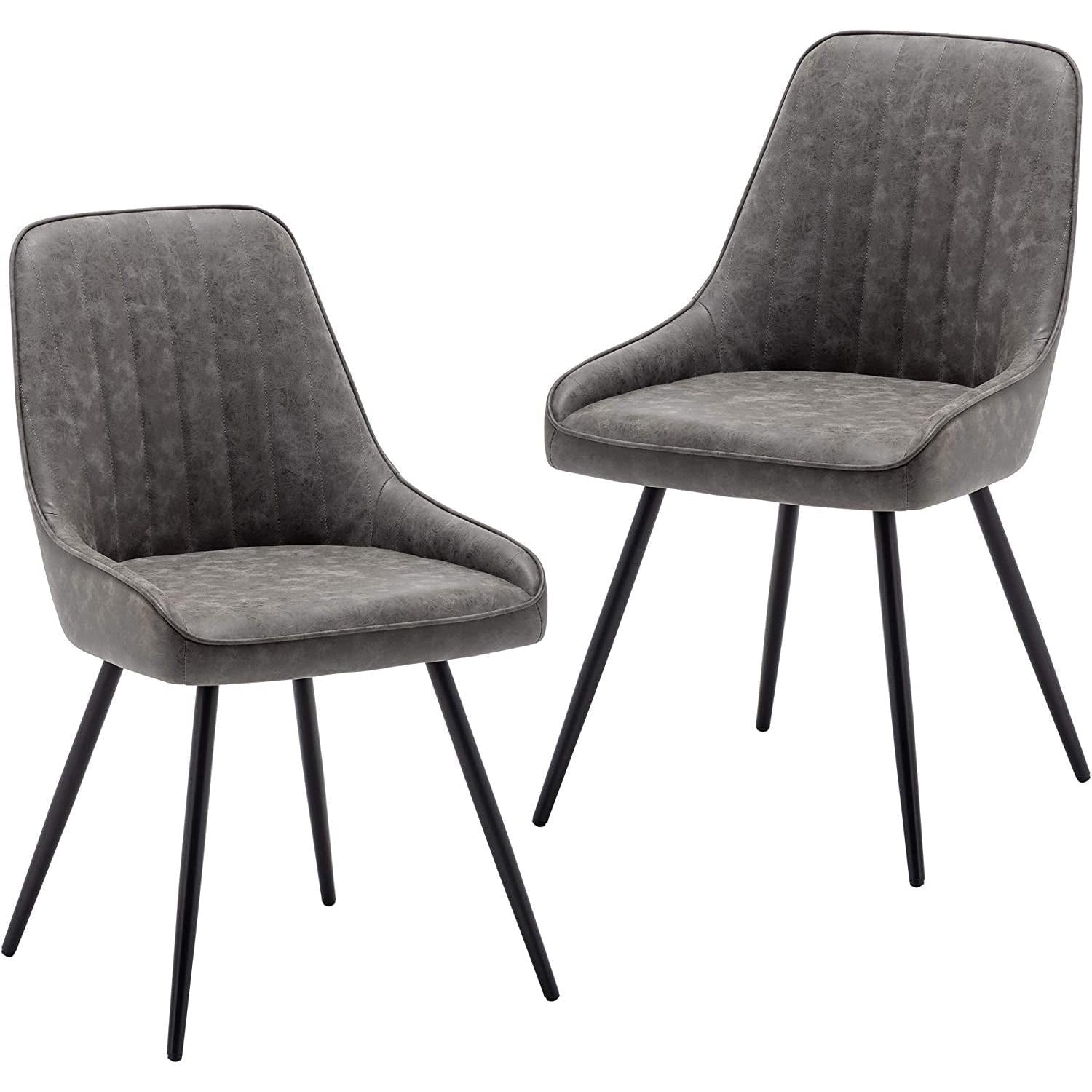 Modern Faux Leather Dining Chairs Set Of 2 Armless Metal Legs in gray with sleek design and supportive backs.