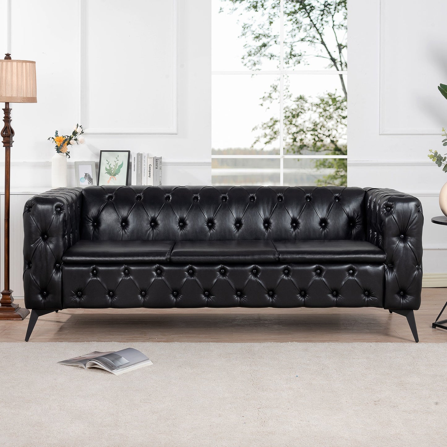 Traditional Square Arm Sofa with Removable Cushions in Black PU, 84.06 Inch Width