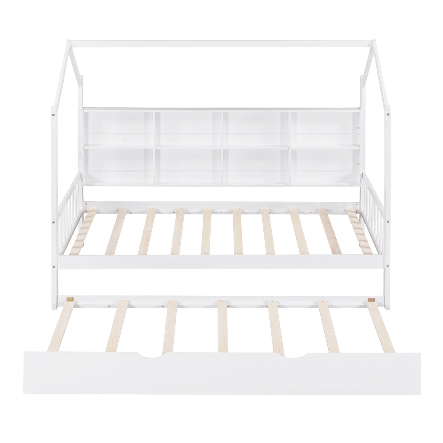 Wooden Twin Size House Bed with Trundle,Kids Bed with Shelf, White (Old SKU: WF297071AAK)