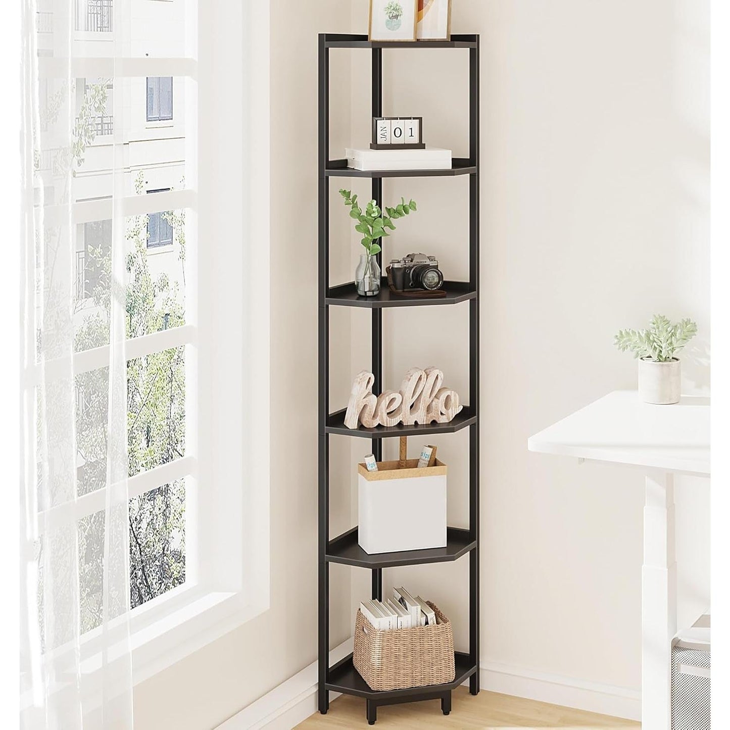 6 Tier Black Corner Shelf Stand Bookshelf For Living Room