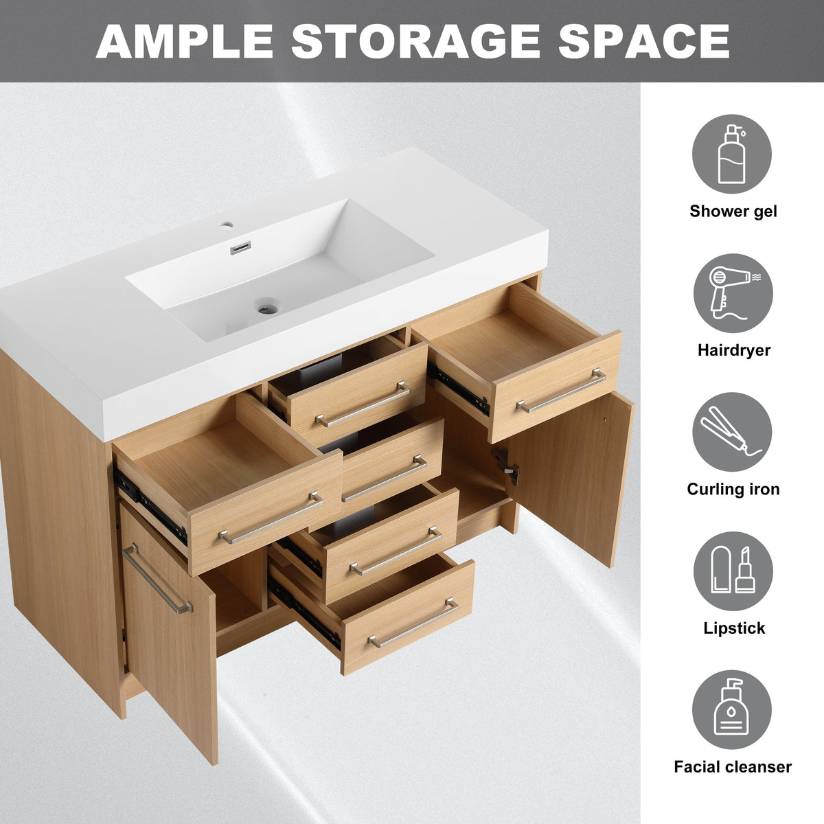 48" Freestanding Bathroom Vanity with Resin Sink, 2 Soft Closing Door & 6 Soft Closing Drawer