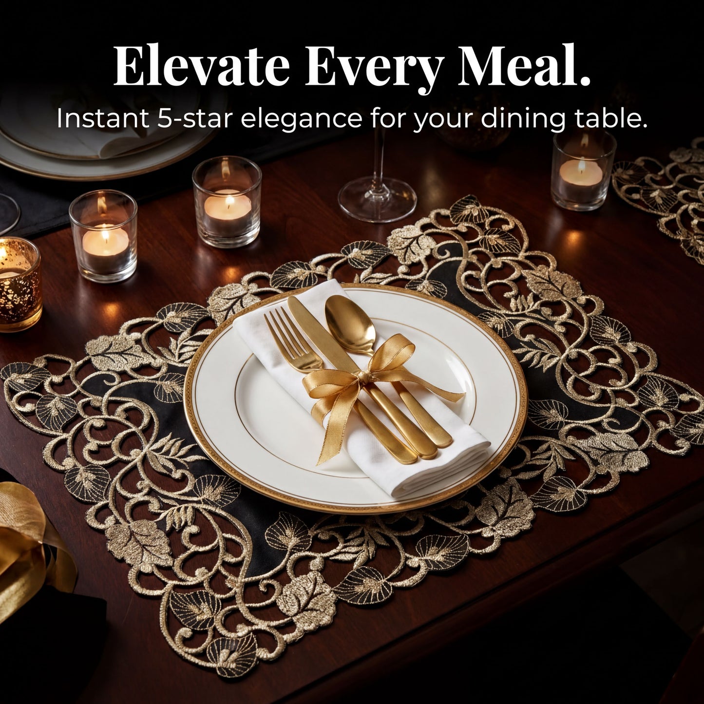 Black Gold Placemats – Rustic Table Placemats 12x18 Inch Embroidered Dining Mats