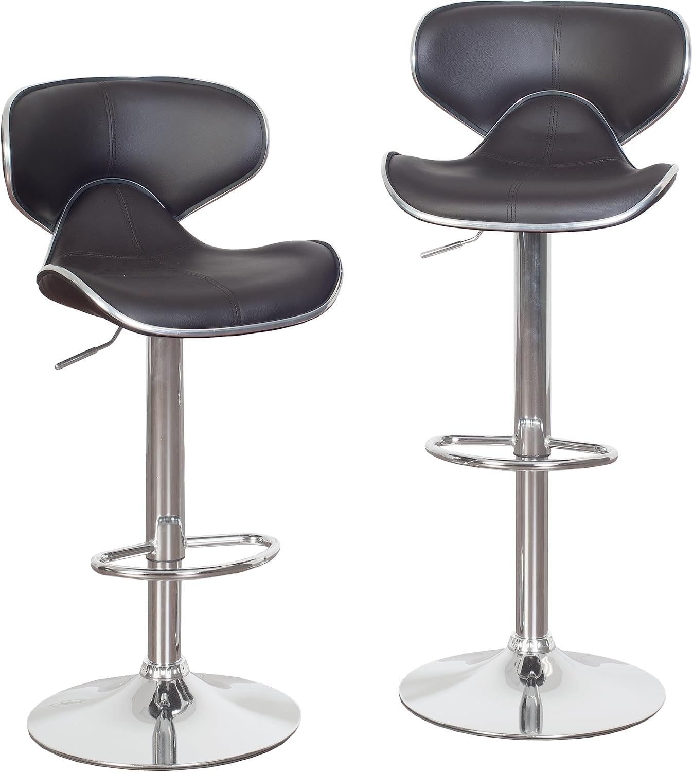 Two Brown Airlift Swivel Barstools With Chrome Base Adjustable Height 360 Degree Rotation