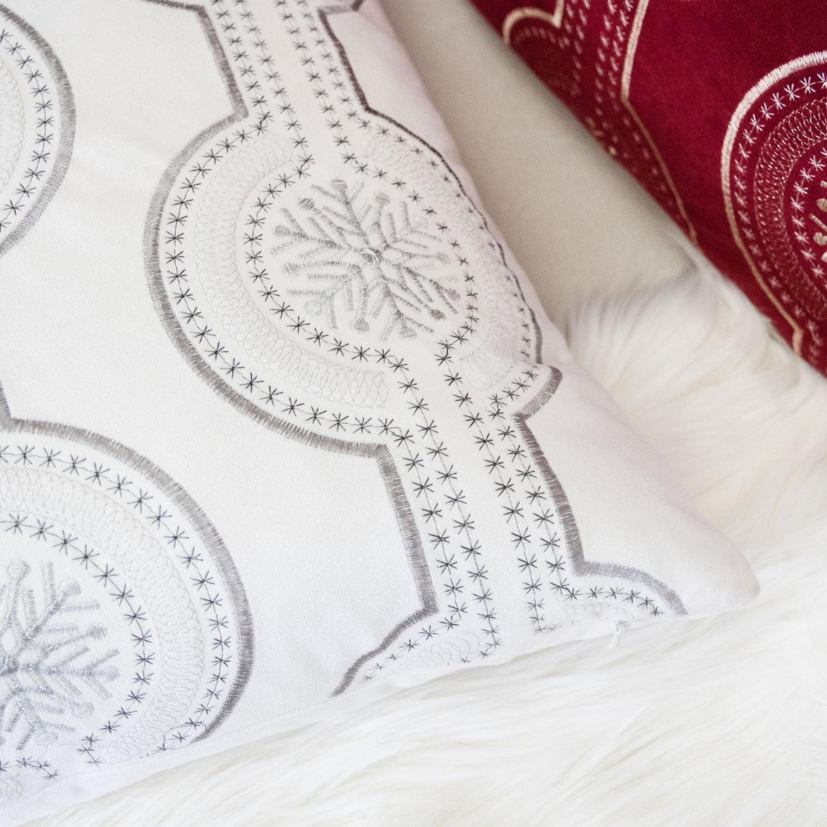 White Holiday Embroidered Velvet Throw Pillow with Insert