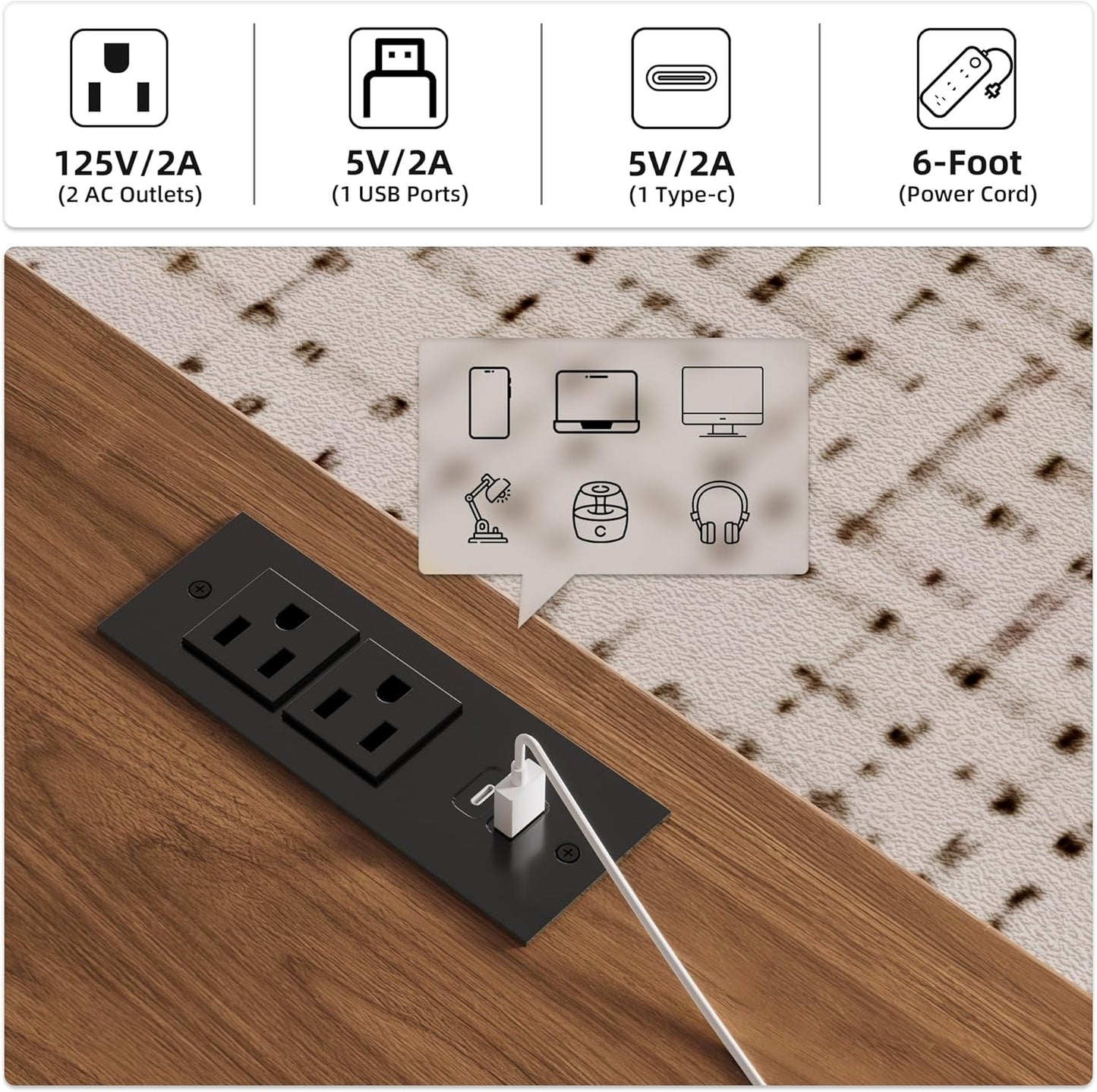 55 Inch Walnut Finish Executive Desk With Charging Port Unit