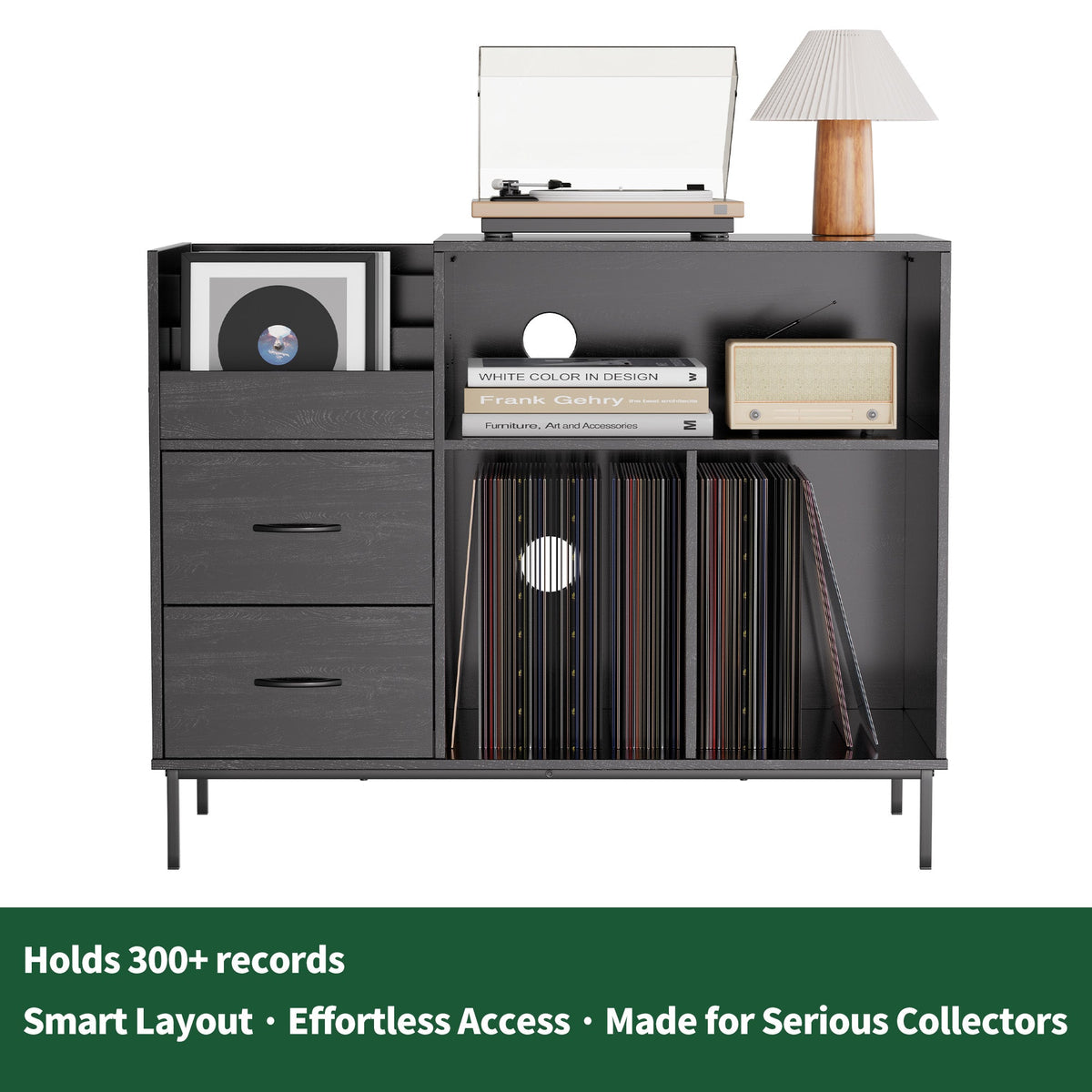 Eco-Friendly Record Player Stand with Flip-Top Storage Cabinet