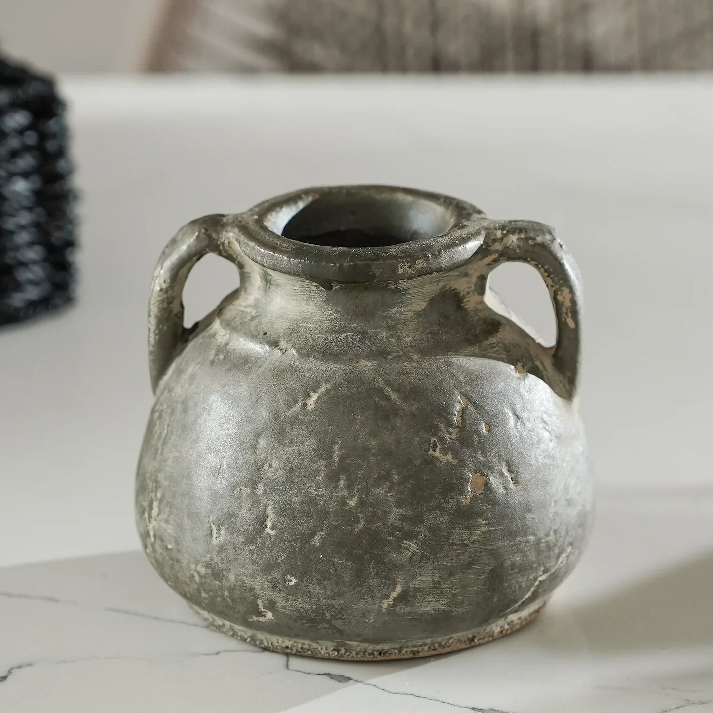 Antiqued Distressed Small Olive Cement Vase with Handles