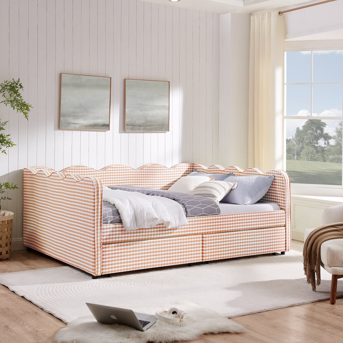 Queen Size Cozy Gingham Daybed with Storage Drawers