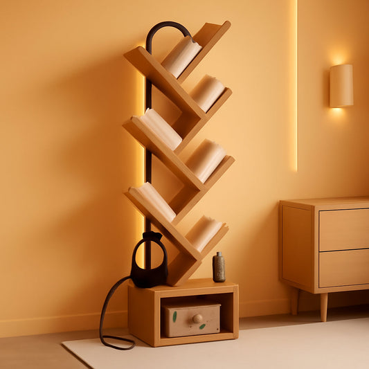Six Tier Tree Bookshelf With LED Lights Narrow Floorstanding