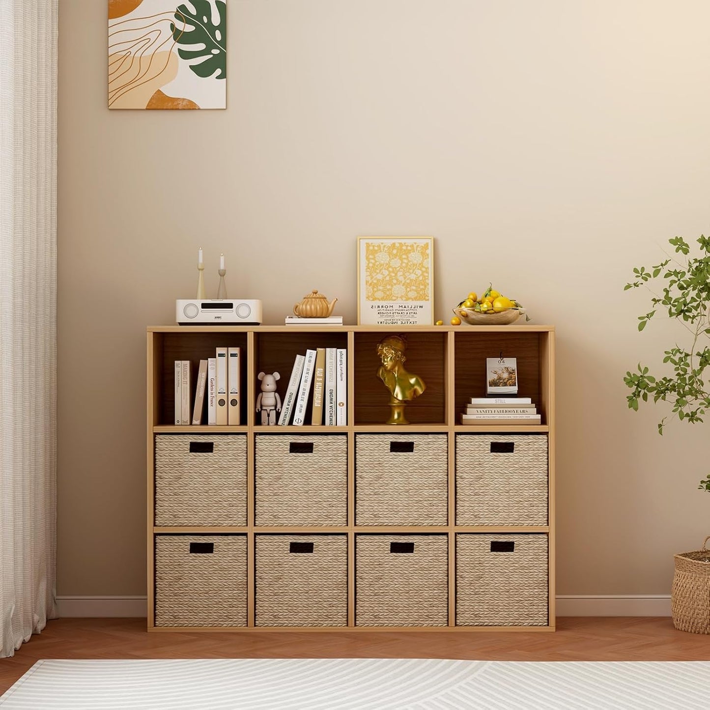 Oak 12-Cube Storage Shelf Bookcase 3-Tier Floor Standing