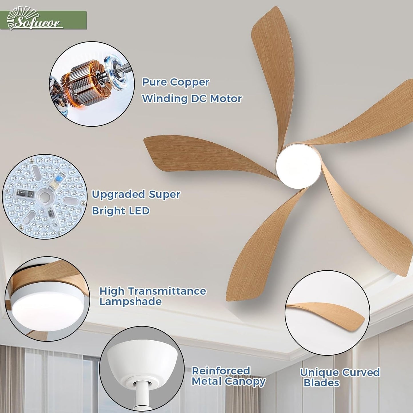 52 Inch Outdoor Ceiling Fan With Dimmable LED Light Remote