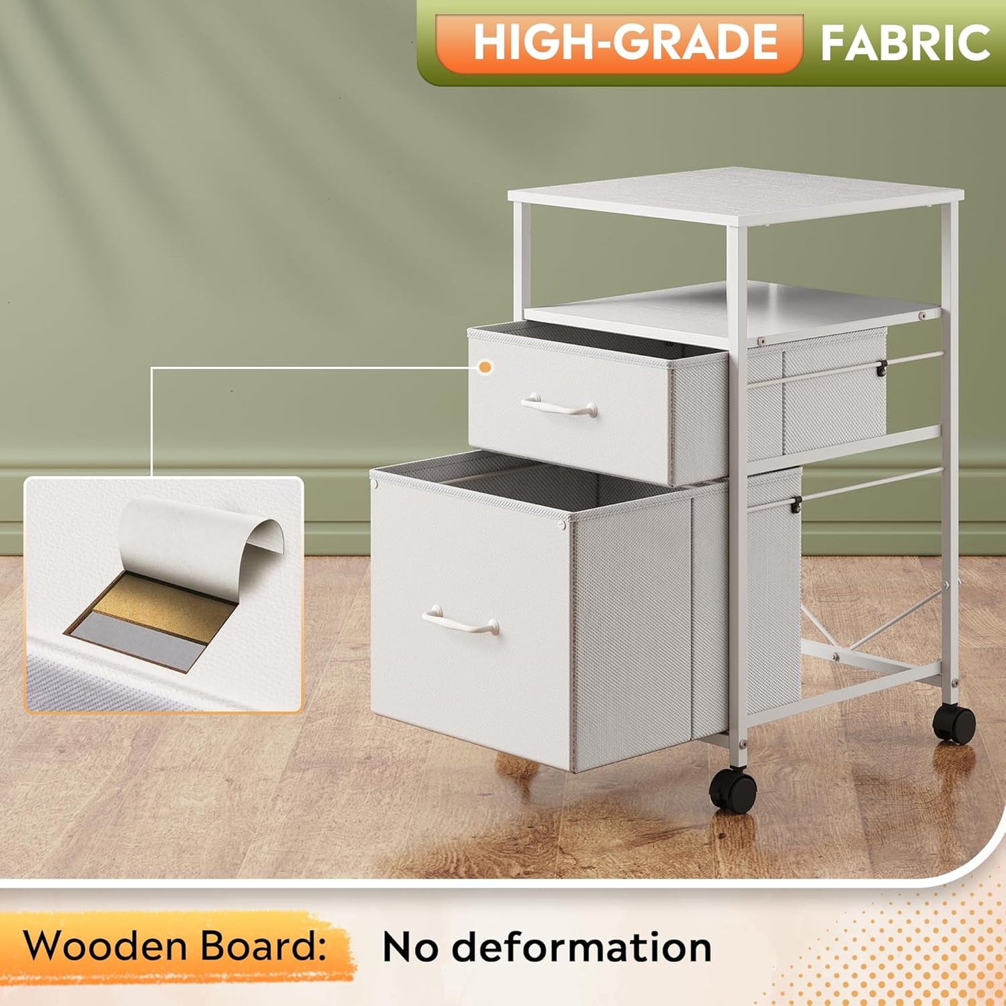 2 Drawer Fabric Vertical Filing Cabinet With Rolling Printer Stand For Home Office White