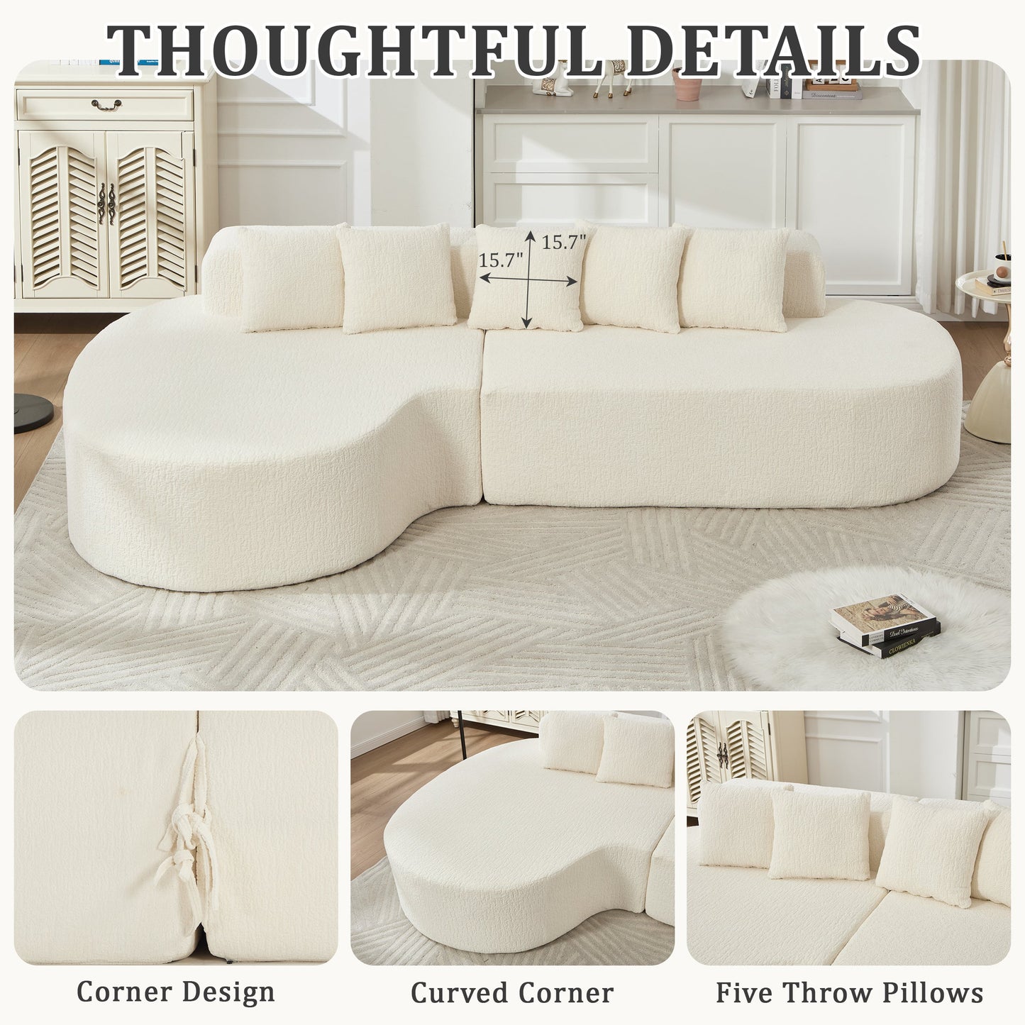 Boneless Curved Sectional Sofa with Pillows - White