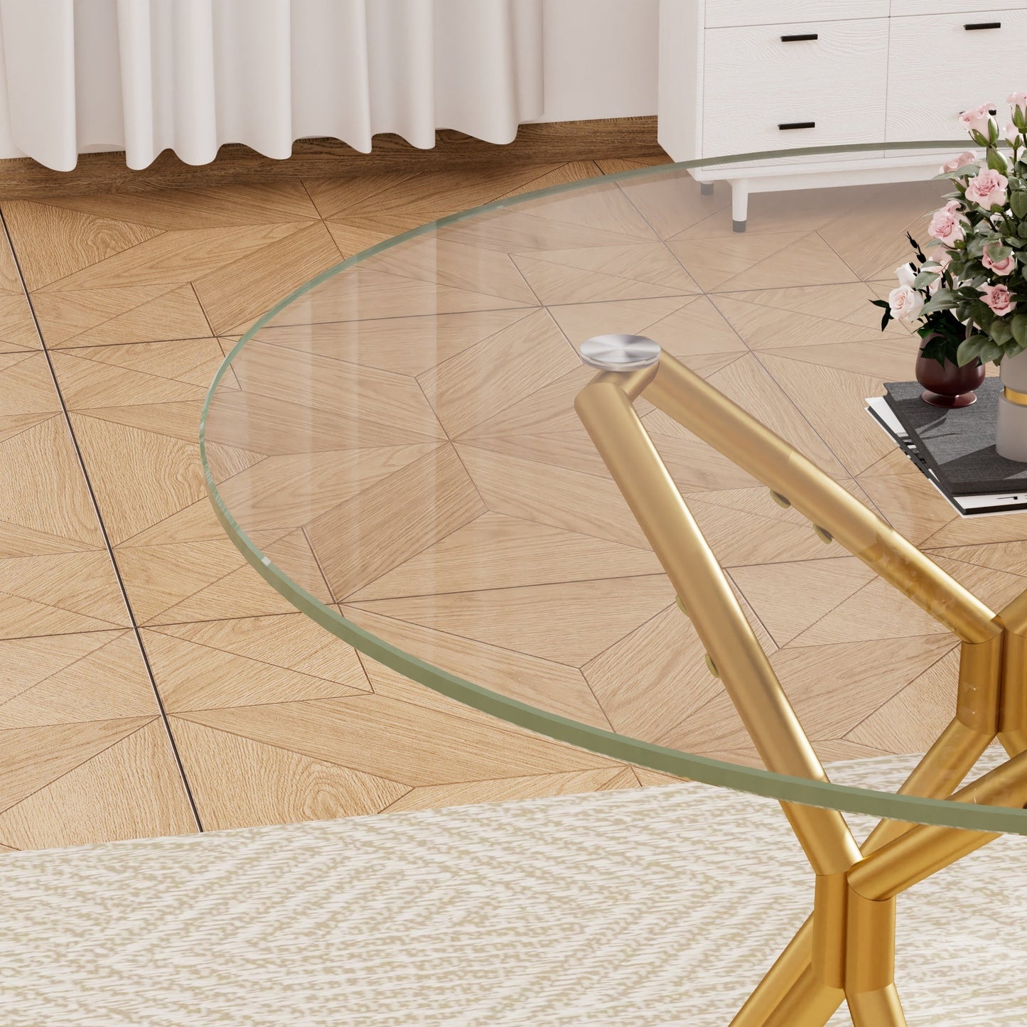 Modern Round Tempered Glass Dining Table with Sturdy Metal Legs for 1-4 People, Gold, 35.4 Inches