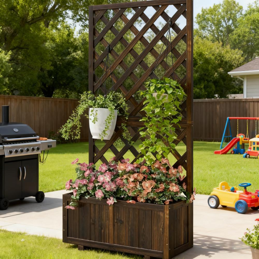 Garden Bed, Wooden Raised Garden Bed Planting Planter Box with Trellis and Drain Holes
