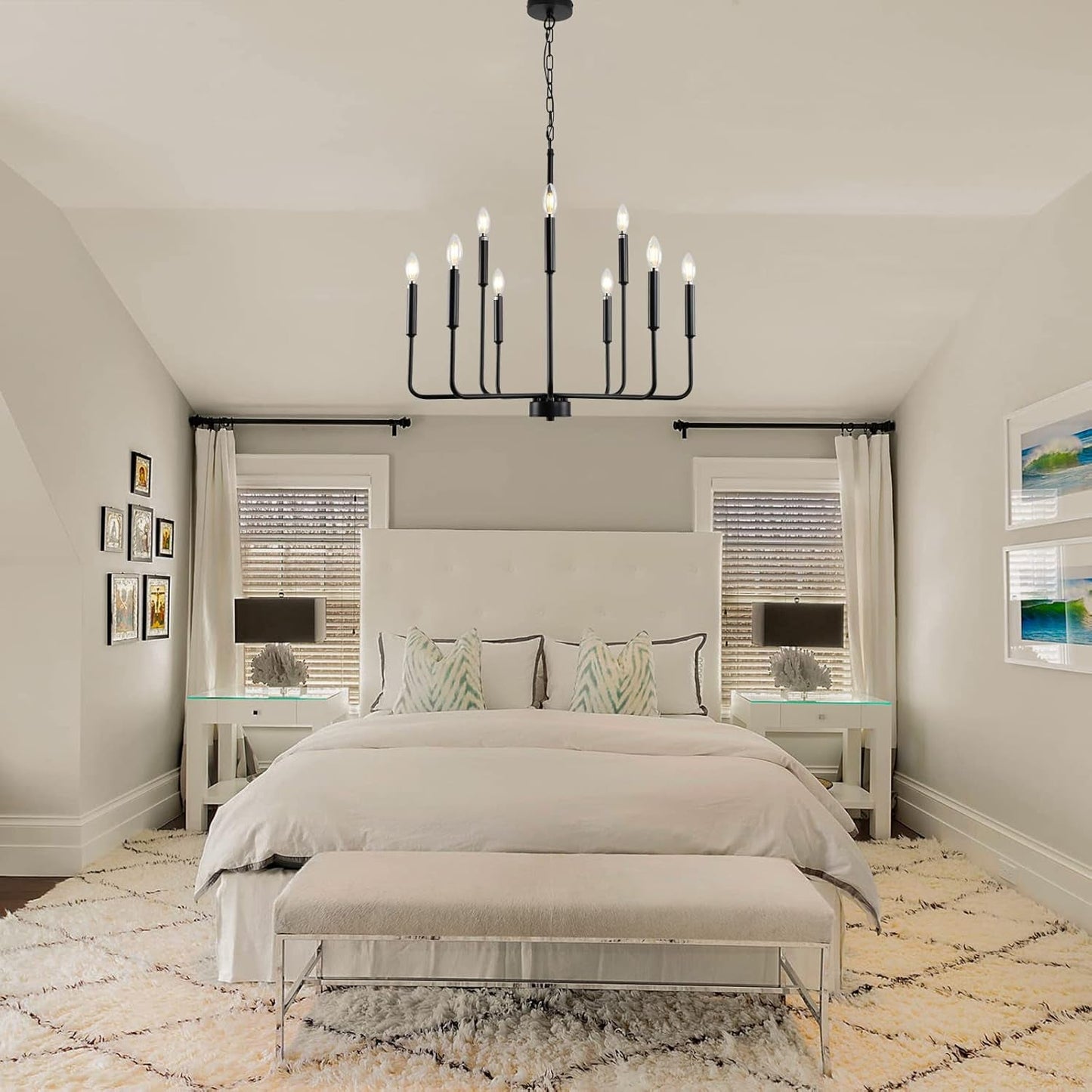 Black Farmhouse Chandelier 9 Light Dining Room Rustic illuminating a stylish bedroom with modern decor.