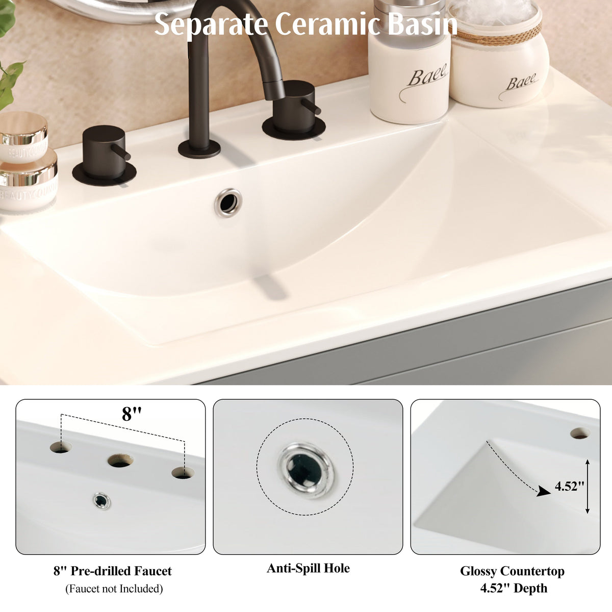 30" Bathroom Vanity with Ceramic Sink and 2 Full-Extension Drawers