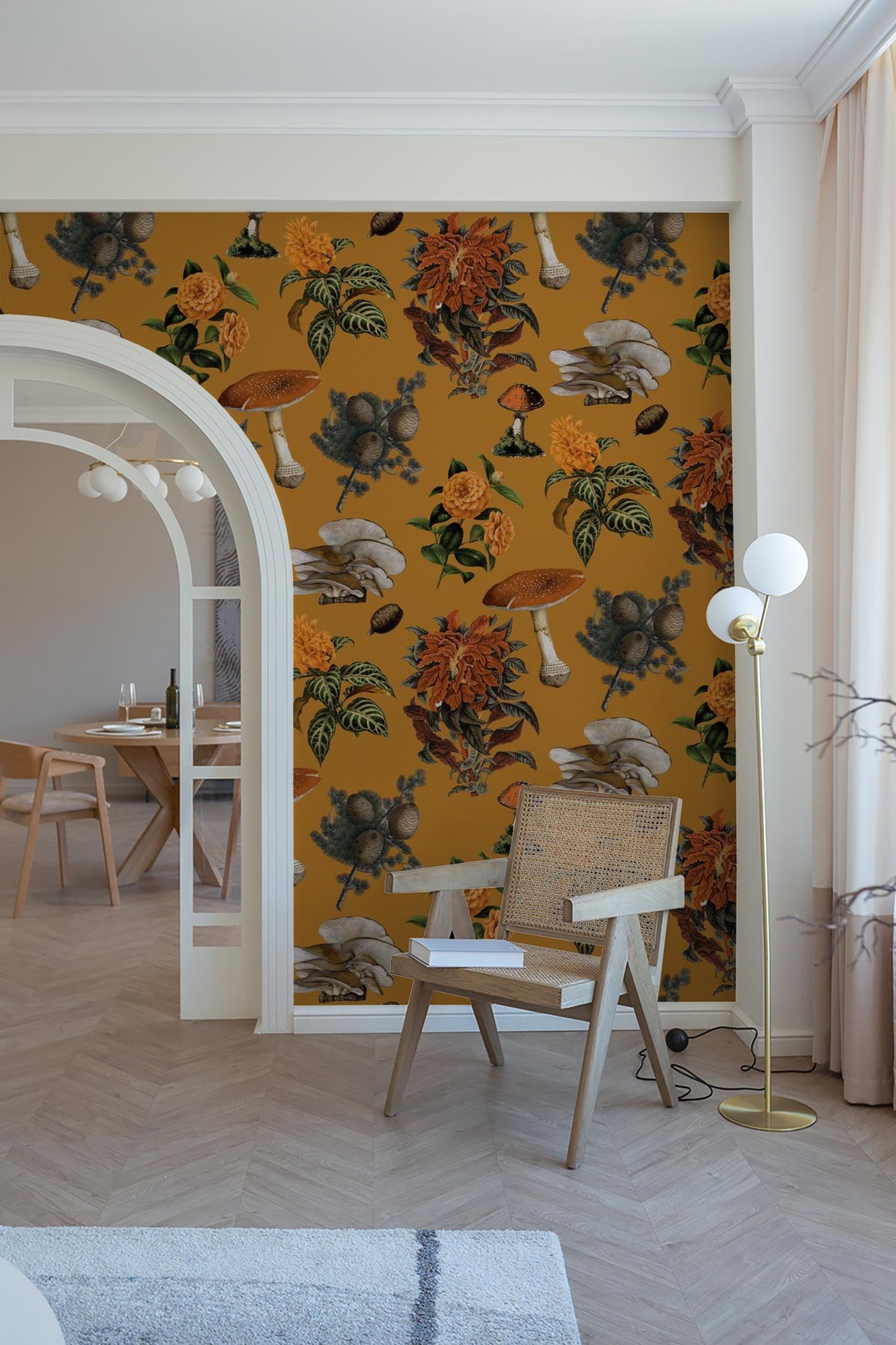 Mushrooms Wallpaper, gold & marigold