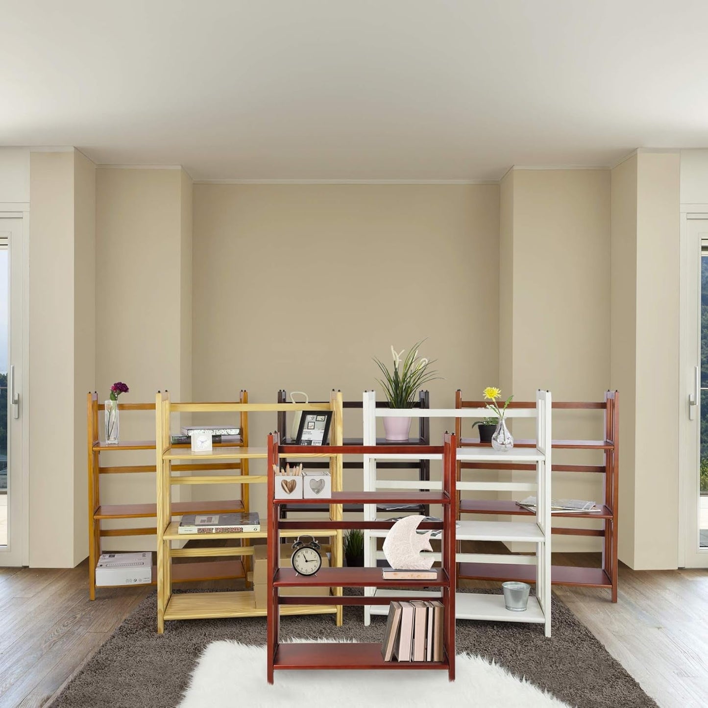 Three Shelf Folding Stackable Bookcase 27.5 Inch Wide Espresso Wood Home Office Storage