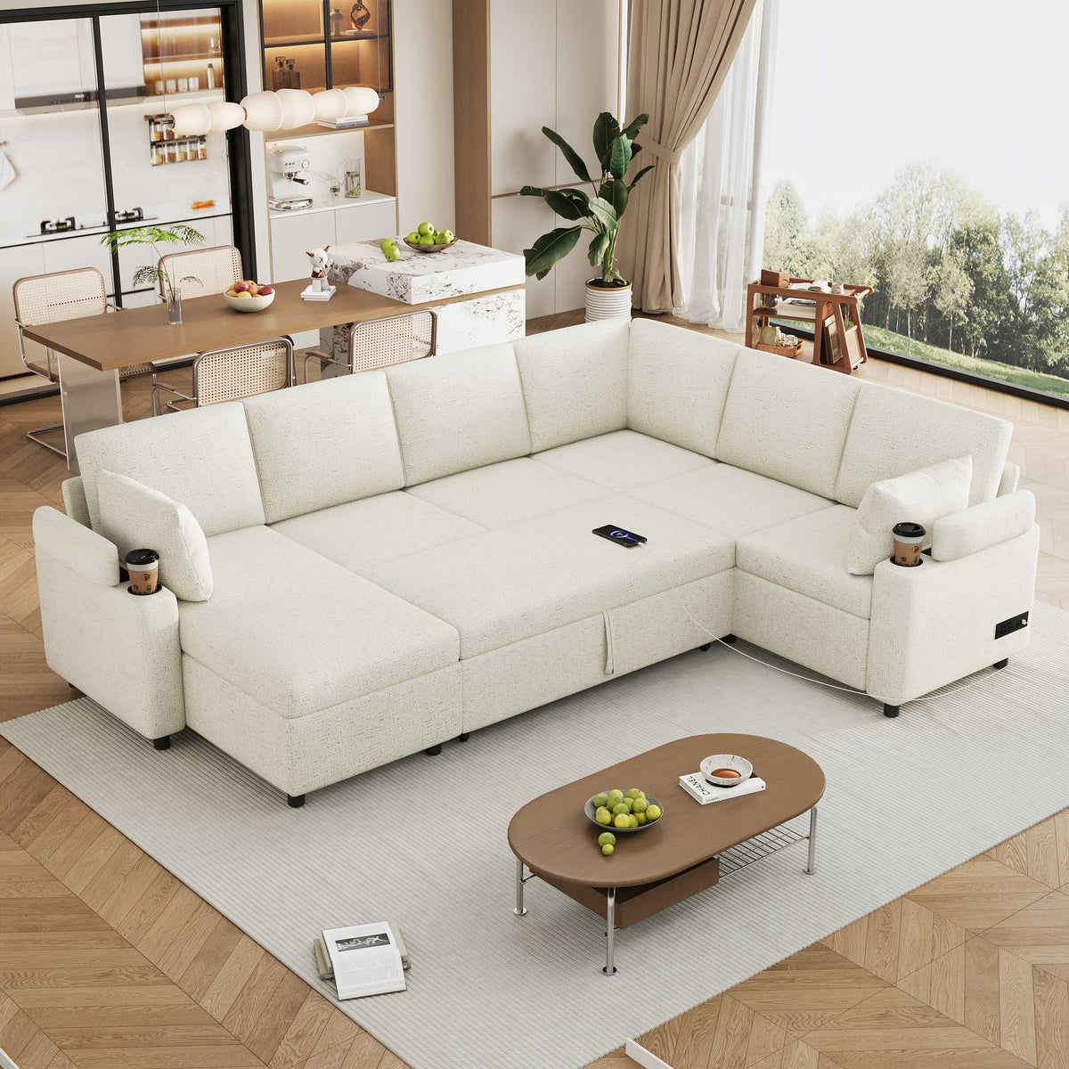 109.9" U-Shaped Sectional Sofa Bed with Storage