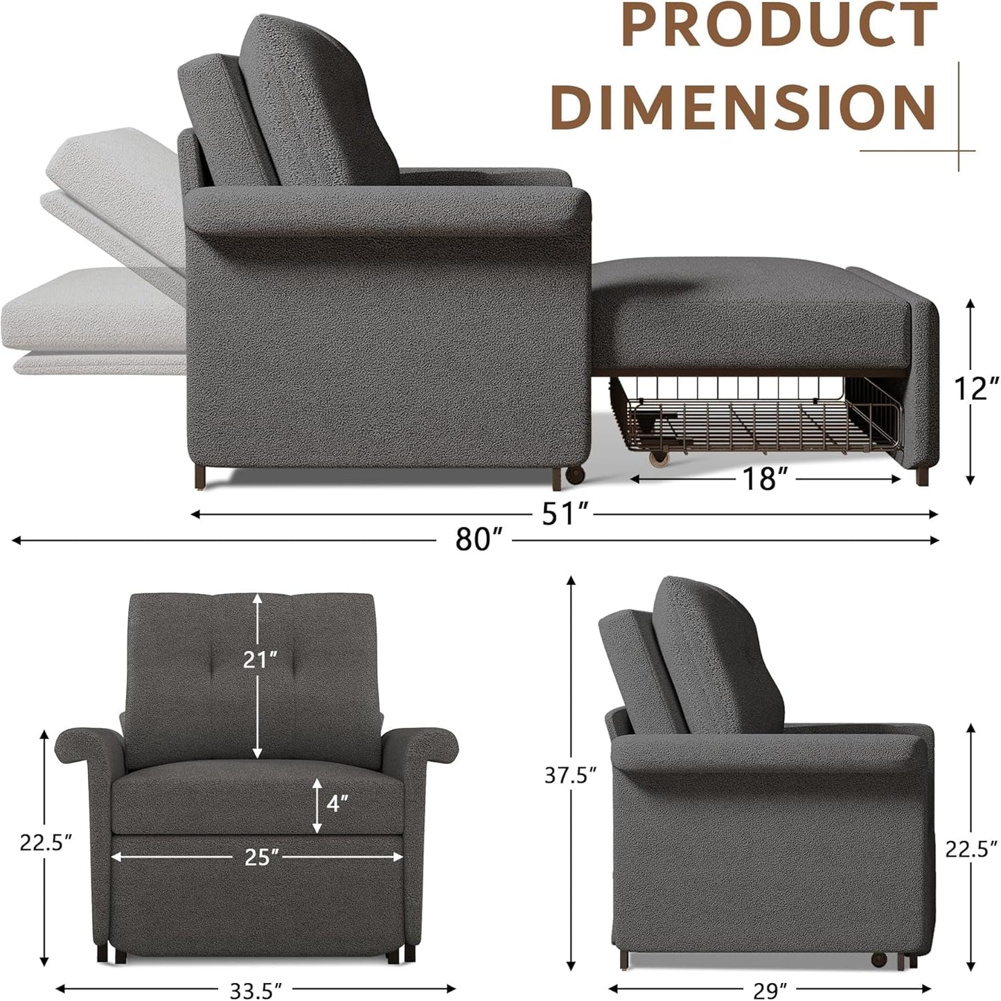 Dark Gray Lambswool Fabric Textured Sofa Bed Chair Storage