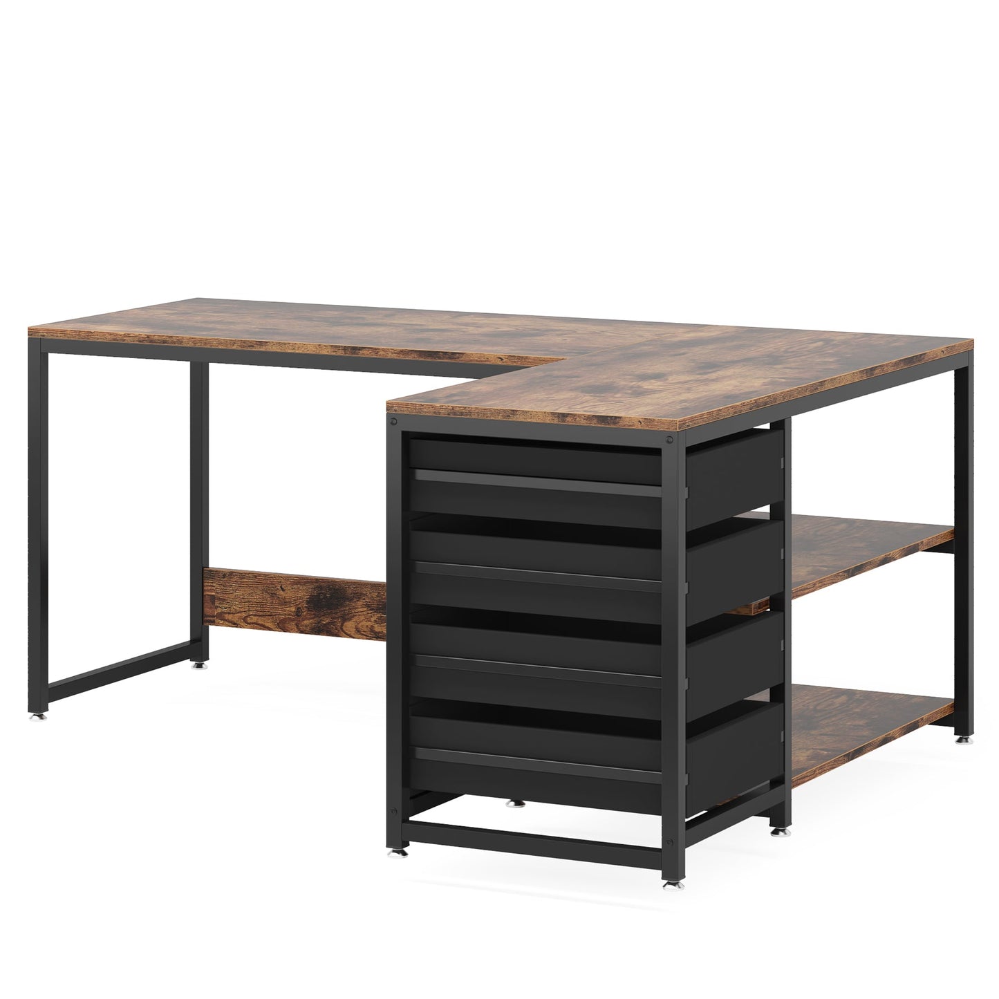 59” L-Shaped Computer Desk with Drawers and Storage Shelves