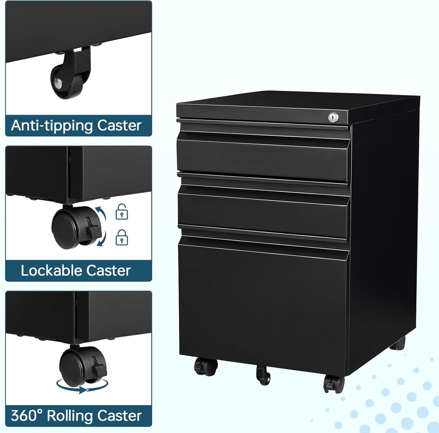 Three Drawer File Cabinet On Wheels With Lock Black Metal