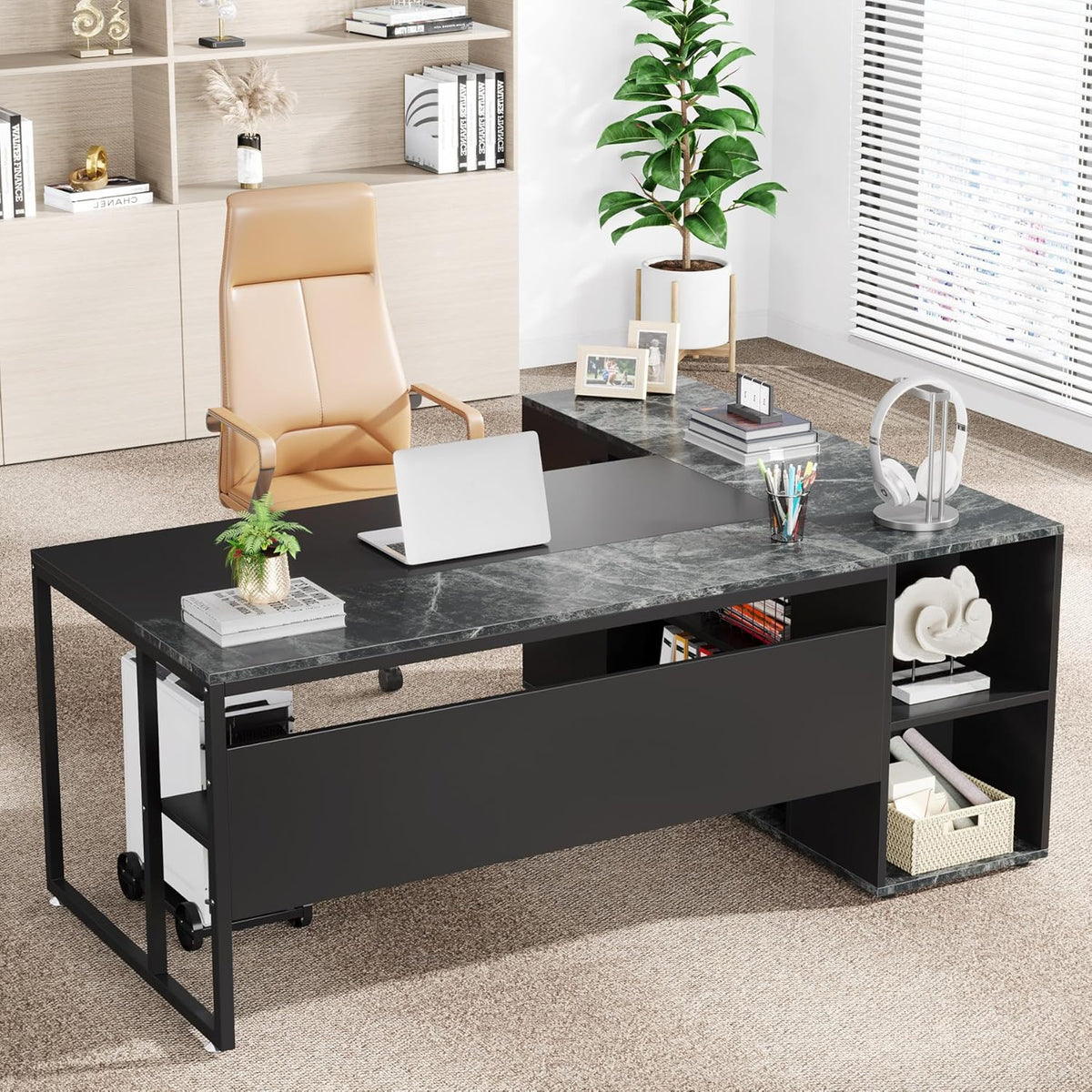 71" L-Shaped Executive Desk with Storage Cabinet & Shelves