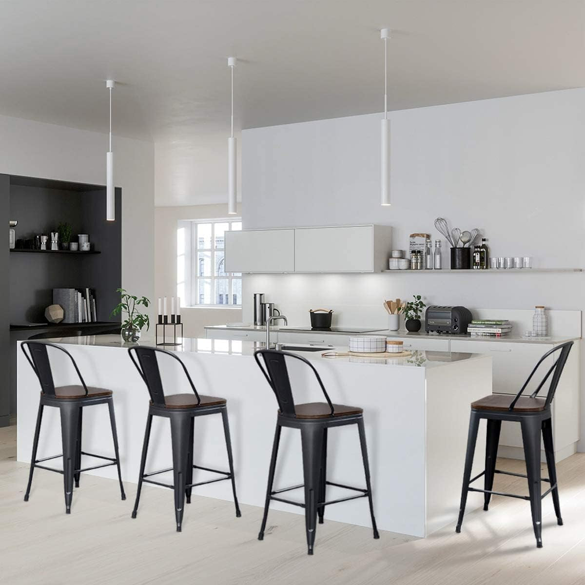 Counter Height Swivel Bar Chairs With Back Set Of 4 in a modern kitchen setting with a spacious island.
