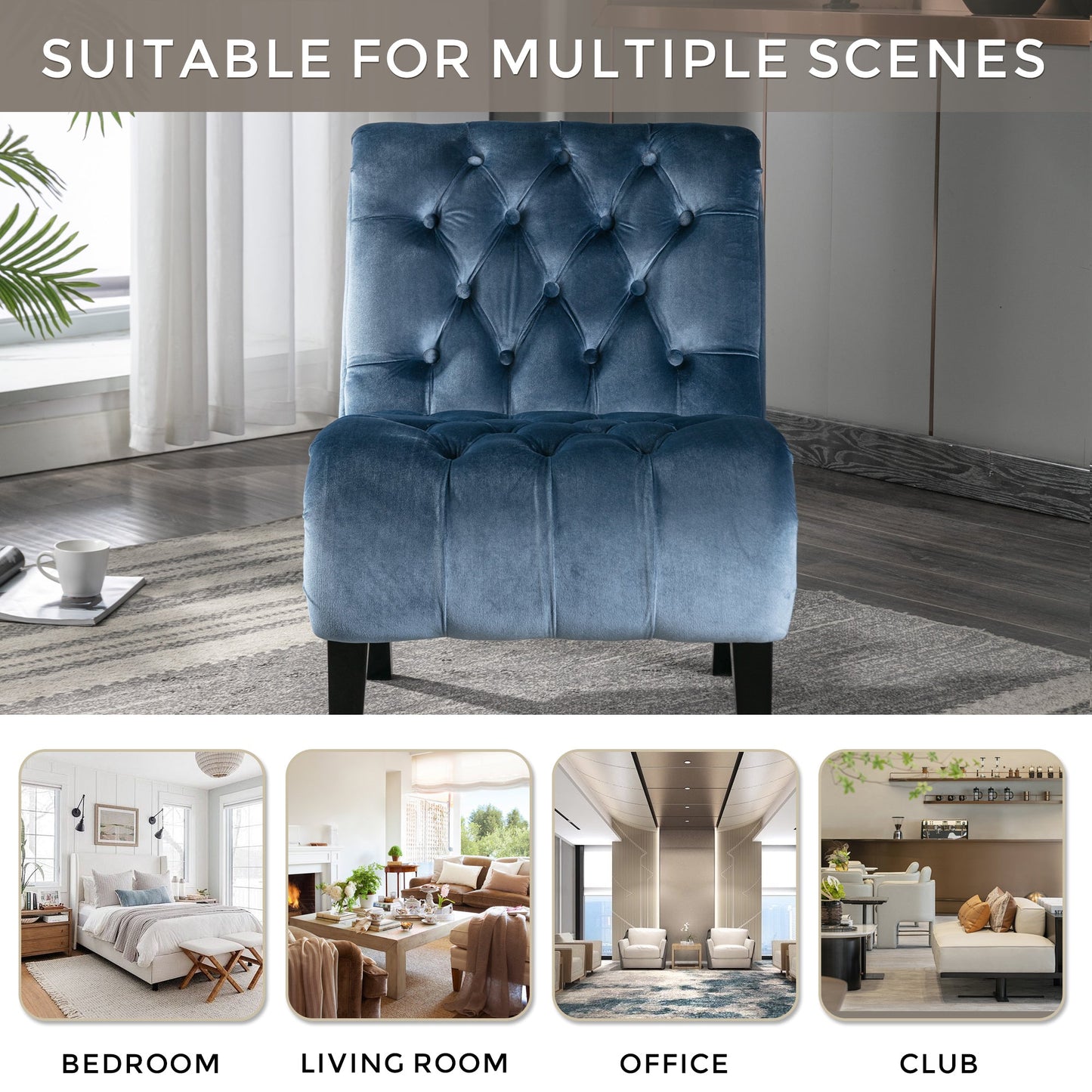 COOLMORE Modern Velvet Armless Accent Living Room Chair / Leisure Chair,Upholstered Fabric Button Comfortable Chair with Wooden Legs for Bedroom, Living Room, Office (Light Blue Velvet)