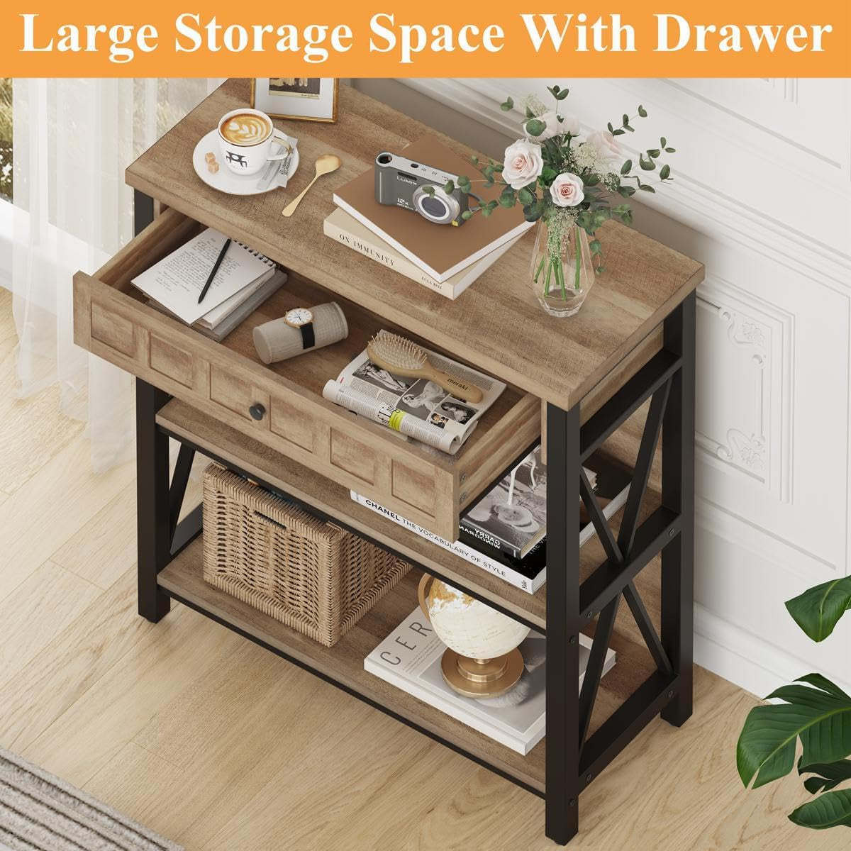 Rustic Oak 3 Tier Bookshelf With Drawer Industrial Wood And Metal Bookcase