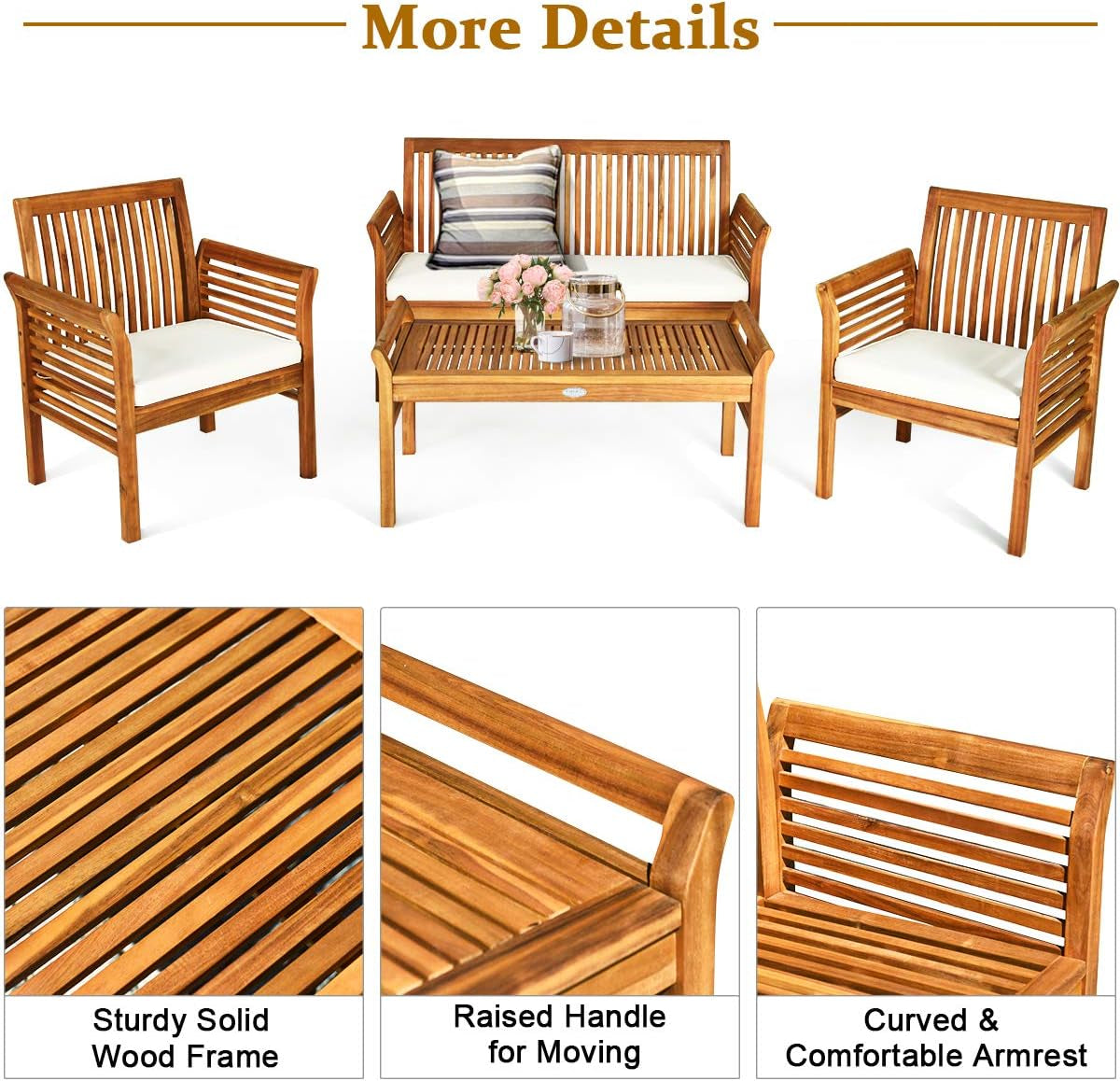 Outdoor Acacia Wood 4 Piece Sofa Set With Water Resistant Cushions Coffee Table