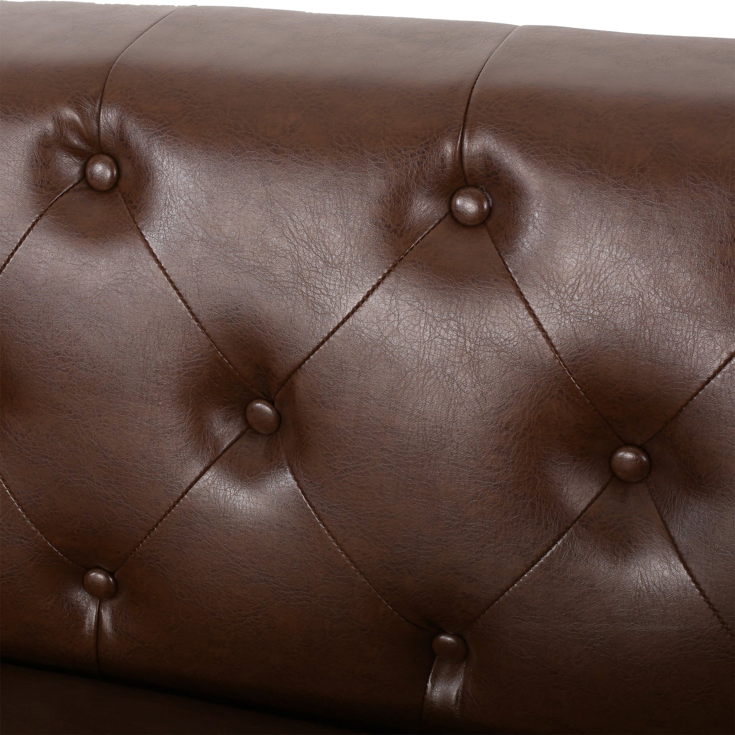 Contemporary 3-Seater Sofa with Tufted Diamond Stitch and Rolled Accent Pillows in Dark Brown PU