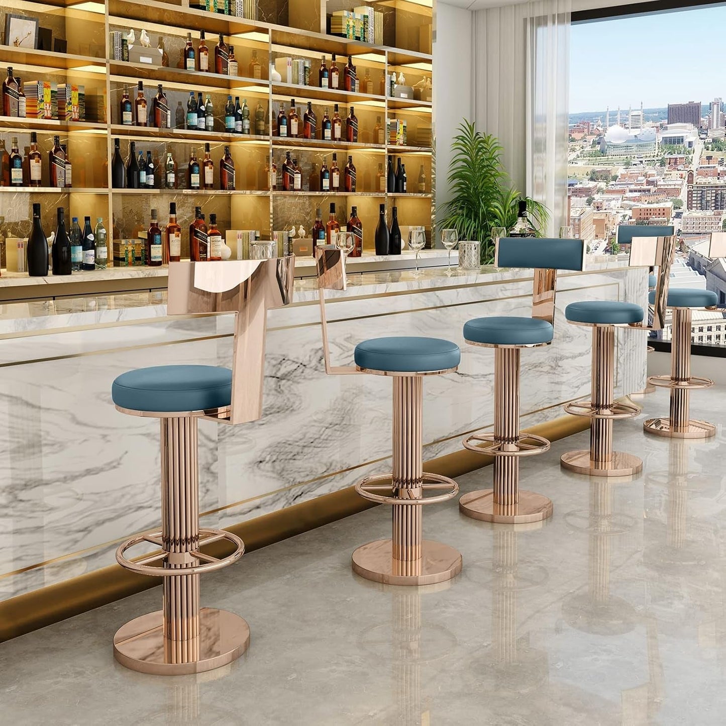 Blue Adjustable Height Counter Height Bar Stool With Backrest