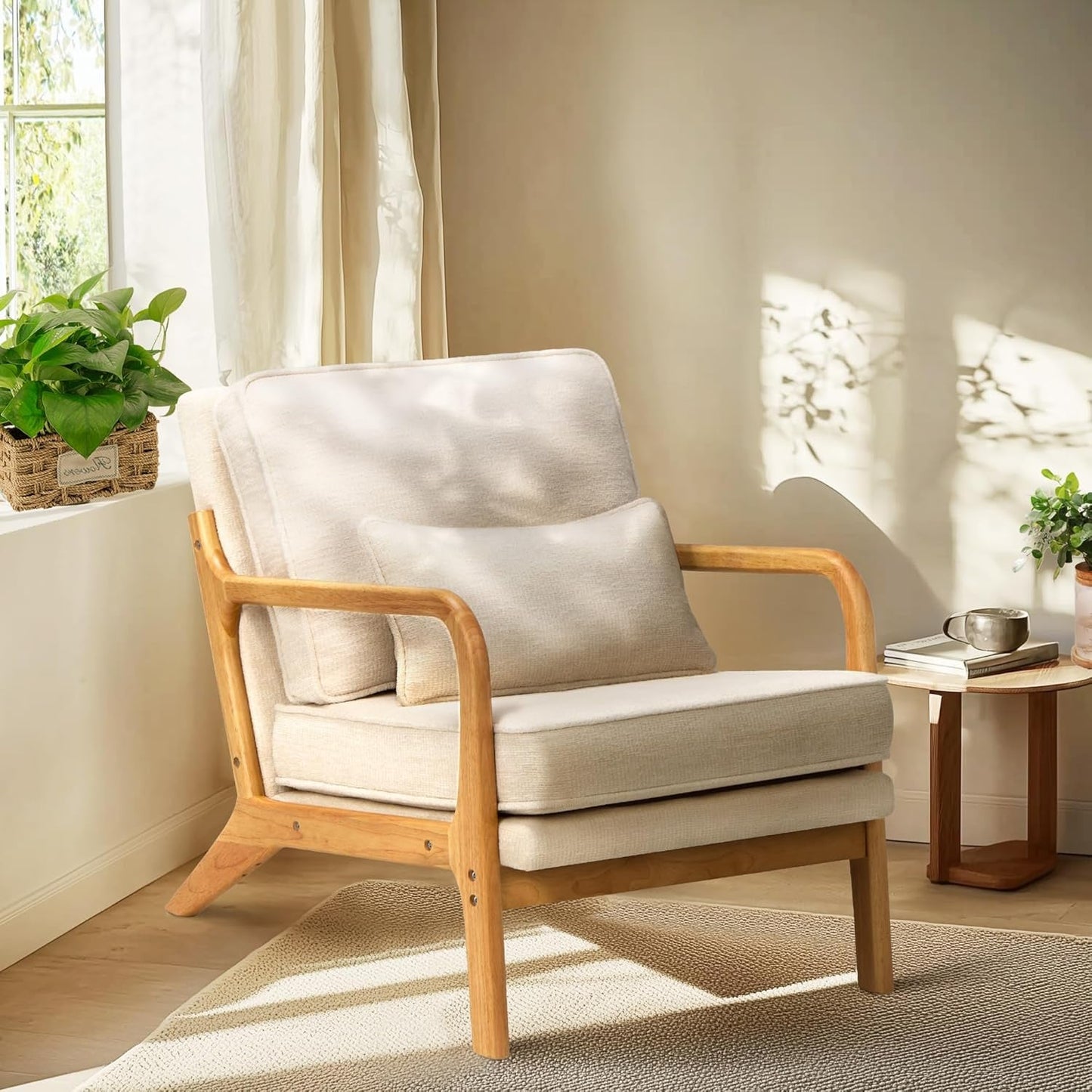 Beige Upholstered Accent Chairs With Lumbar Pillows