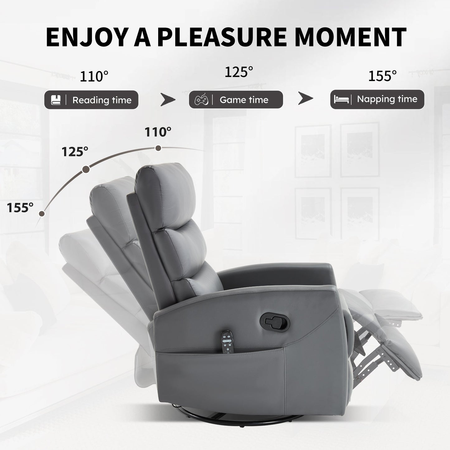 Heat Massage Manual Recliner Chair with Rocker and Swivel in Fabric for Living Room, Grey