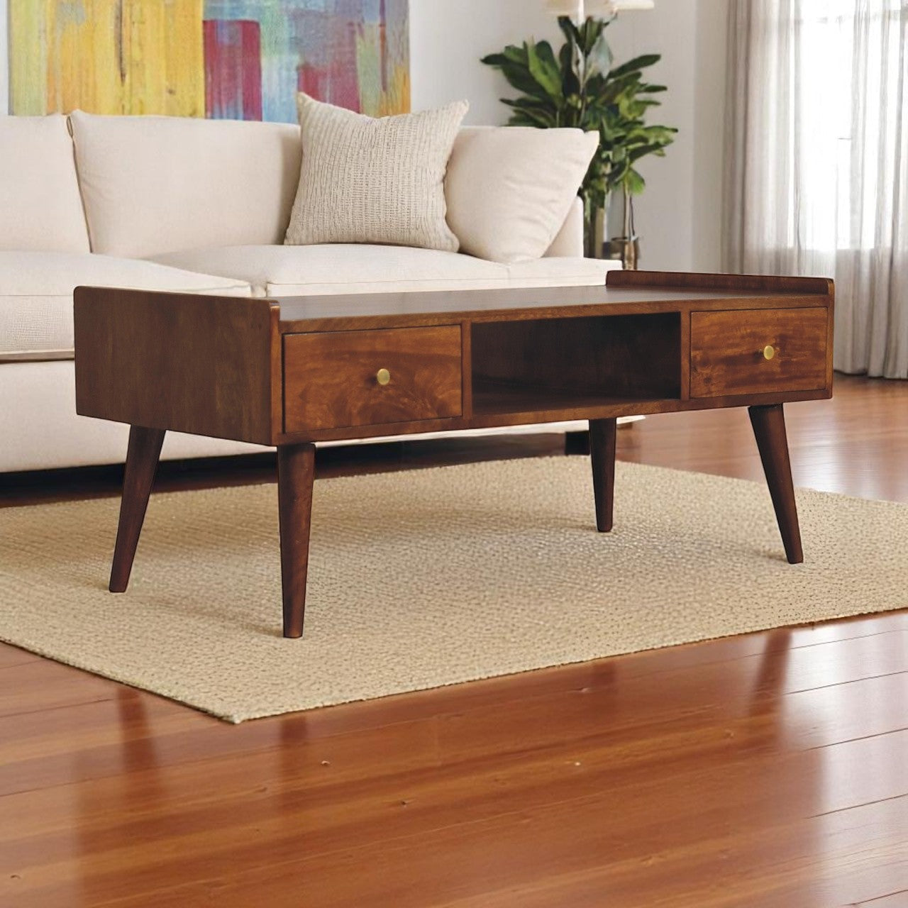 Elevated Chestnut Media Unit, 2-Drawers, 1 Open-Slot, Nordic Legs