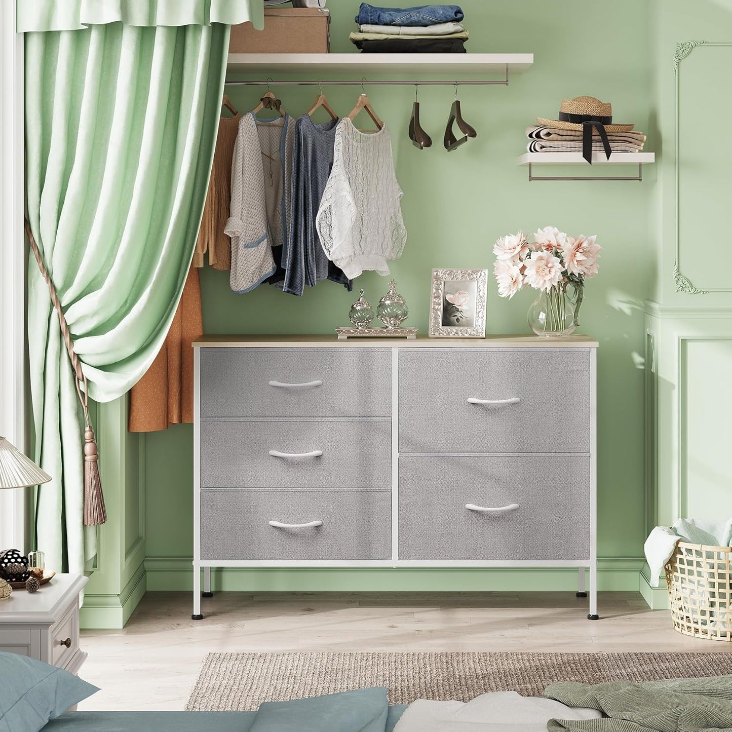 Light Grey Fabric Dresser With 5 Drawers And Drawer Organizers